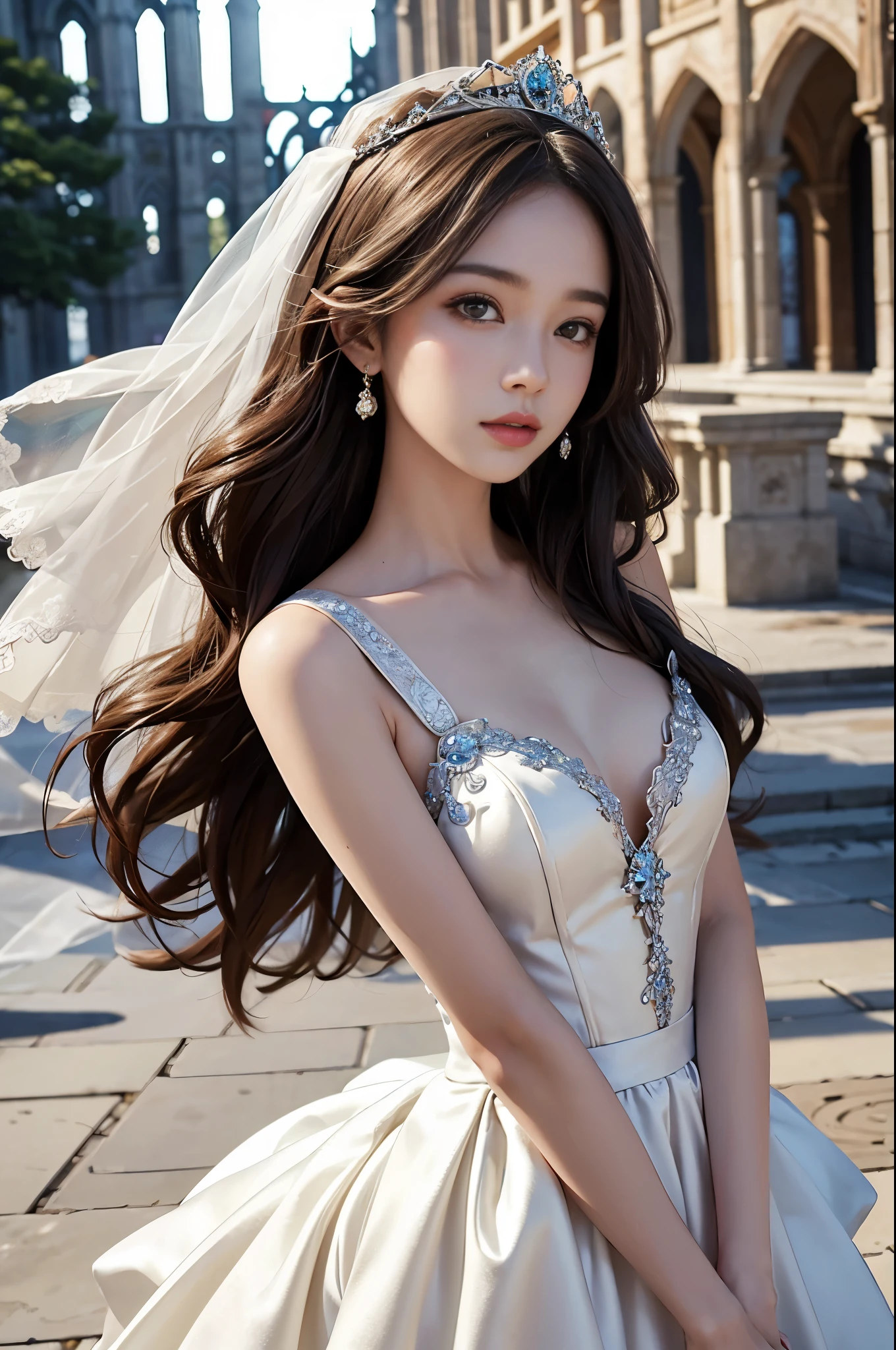 best quality, masterpiece, 1 girl, (yak), cute , shiny lips, sweet, sun glare, Conservative attire, wedding dress, bridal tiara, depth of field, blurred background, Cathedral Background, light particles, strong wind, head tilt, long hair,