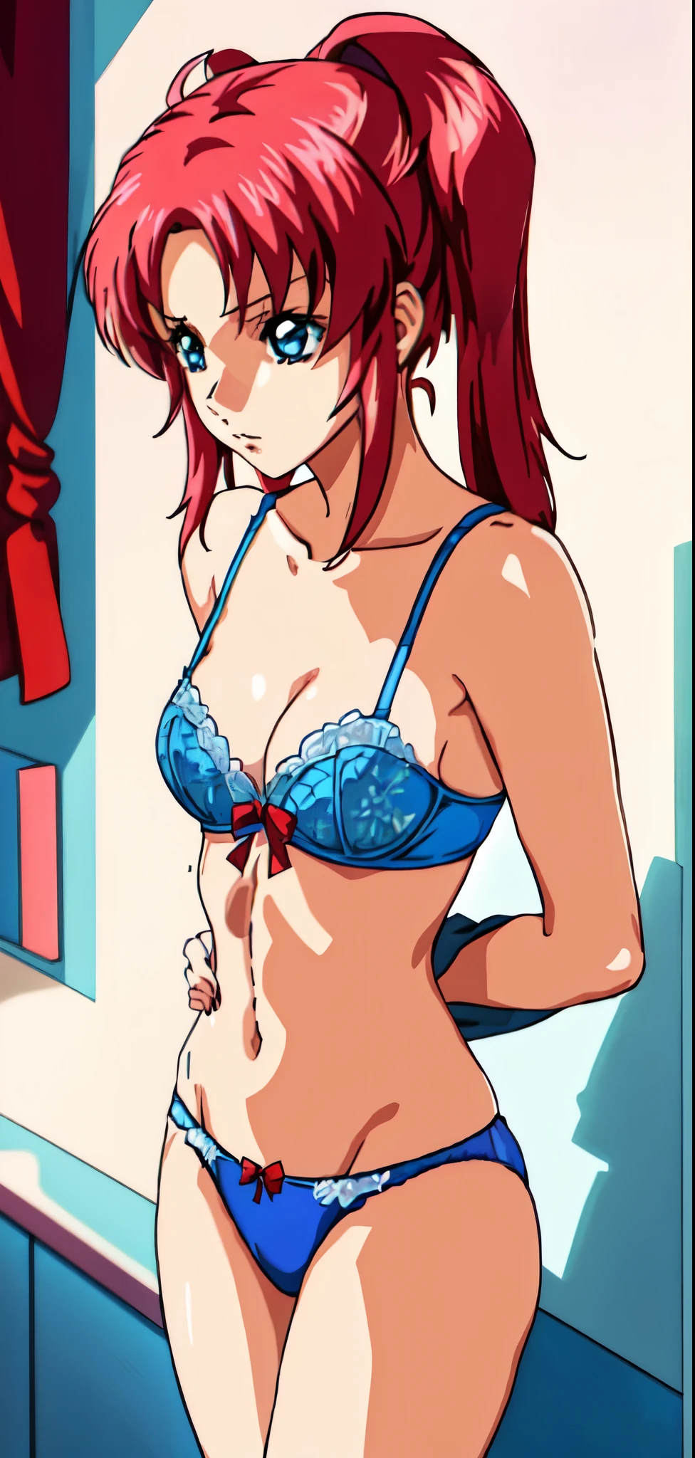 anime girl in a blue bra with a red bow and blue panty、Girl with long red hair、blue eyed girl、two side up hair、seductive anime girl、clothing:blue bra、blue panties、anime moe art style、big breasts、girl with very big breasts、(anime girl)、attractive anime girl、naughty anime style、Beautiful charming anime teen、Smooth anime CG art、indoor、cleavage、bra with an blue、panty with an blue、whole body、a girl is standing、digital anime art!!、female focus、perfect body、pretty anime girl、full body、anime best girl、solo、underwear only、Bra and panties only、8k!!、High resolution!!、