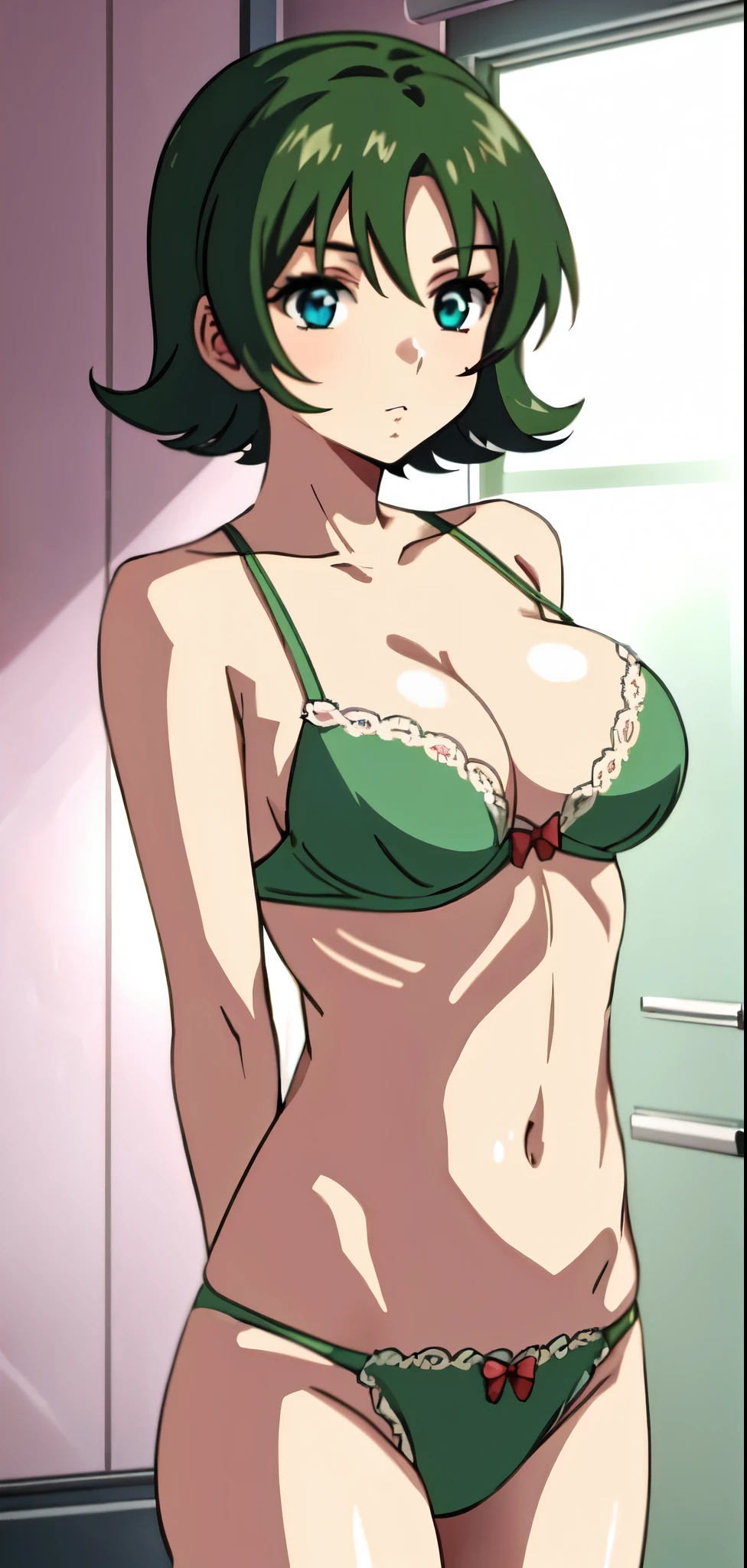 anime girl in a green bra with a pink bow and green panty、short brown hair girl、blue eyed girl、short wolf hair、seductive anime girl、clothing:green bra、green panties、anime moe art style、big breasts、girl with very big breasts、(anime girl)、attractive anime girl、naughty anime style、Beautiful charming anime teen、Smooth anime CG art、indoor、cleavage、bra with an green、panty with an green、whole body、a girl is standing、digital anime art!!、female focus、perfect body、pretty anime girl、full body、anime best girl、solo、underwear only、Bra and panties only、8k!!、High resolution!!、