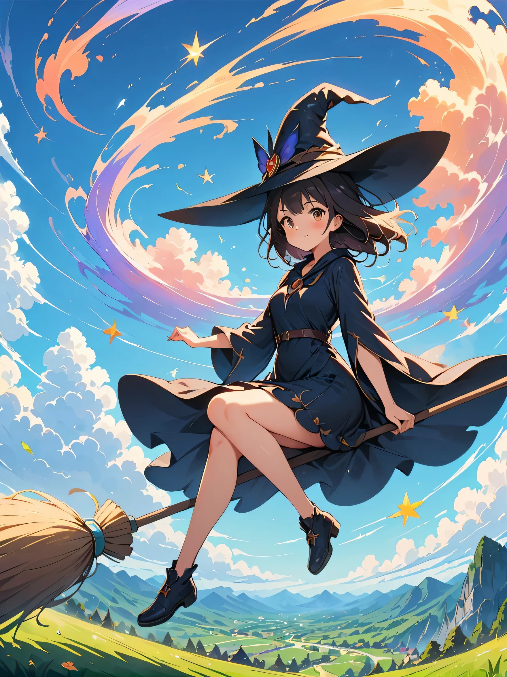 1 girl,Kiki,witch delivery service,perfect face,cute, ((((flying witch))),((Ride a broom)),broom flight,Straddling the broom,anatomically correct,(masterpiece, highest quality:1.2),masterpiece,highest quality,best masterpiece,8K,,Wind,fantasy,,wonderful,, Mysterious, charm, Whimsical, playful, adventurous, free, wonder, imagine, decide, skill, speed, movement, energy, realism, naturalistic, figurative, represent, beauty, fantasy culture, myth, fairy tale, folklore, Legend, witch, wizard, Magical creatures, fantasy worlds, composition, scale, Zenikichi, midway point, background, perspective, light, color, texture, get used to it, beauty, wonder.