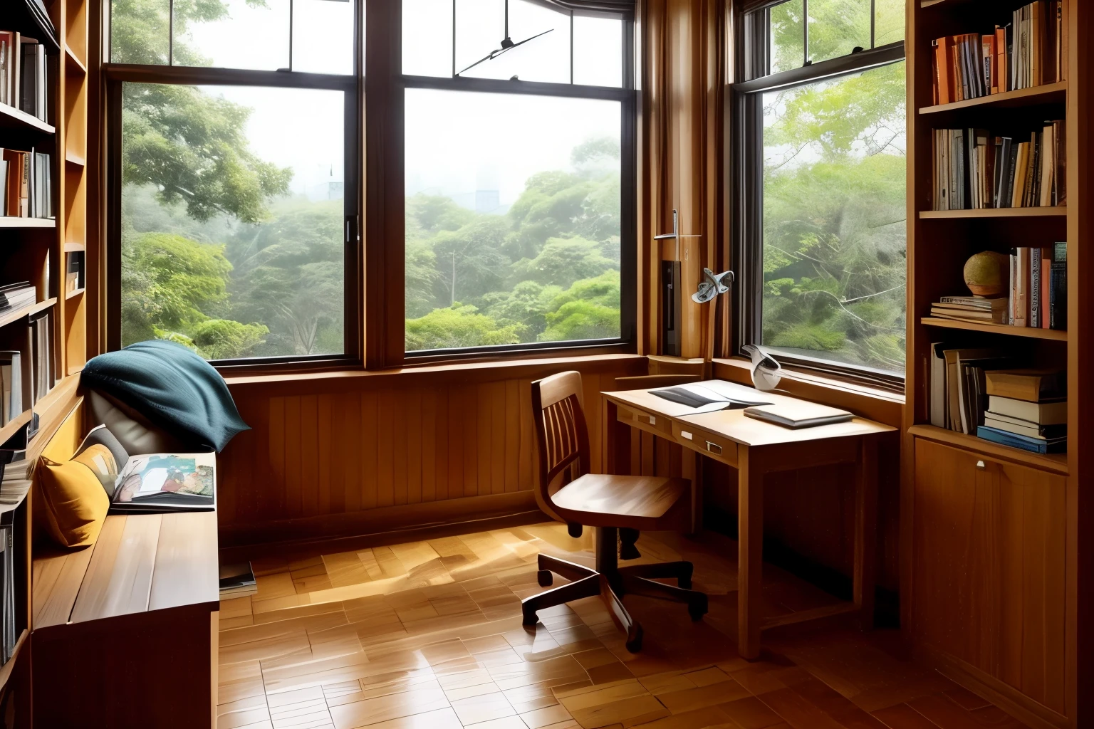 I can see the rain from the window、A cozy study space for book lovers, Features a wooden table littered with useful books.