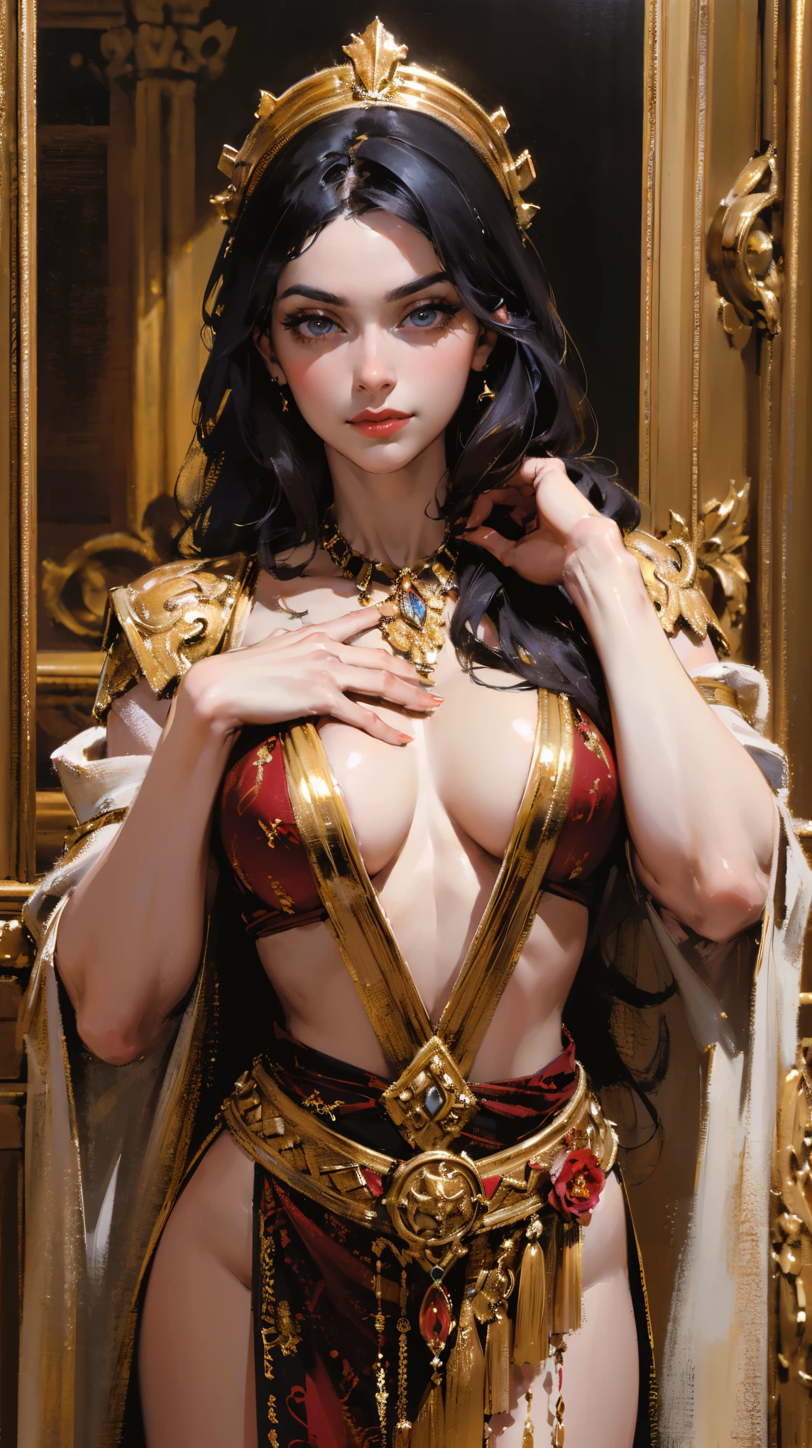 (best quality,4k,highres,masterpiece:1.2), ultra-detailed, (realistic,photorealistic,photo-realistic:1.37), The most promiscuous woman in Rome; Messalina, portrait, standing, seductive gaze, mesmerizing eyes, confident stance, flowing hair, dark and mysterious aura, vibrant color scheme, sharp focus, perfect lighting, confident demeanor, alluring smile, powerful aura, (Roman background), seductive atmosphere, inspired by Roman art and mythology, emphasizing her beauty and strength, meticulous attention to facial details, (elaborate costume design with a very revealing toga), striking visual impact, expressive facial features, historical elements blended with reality