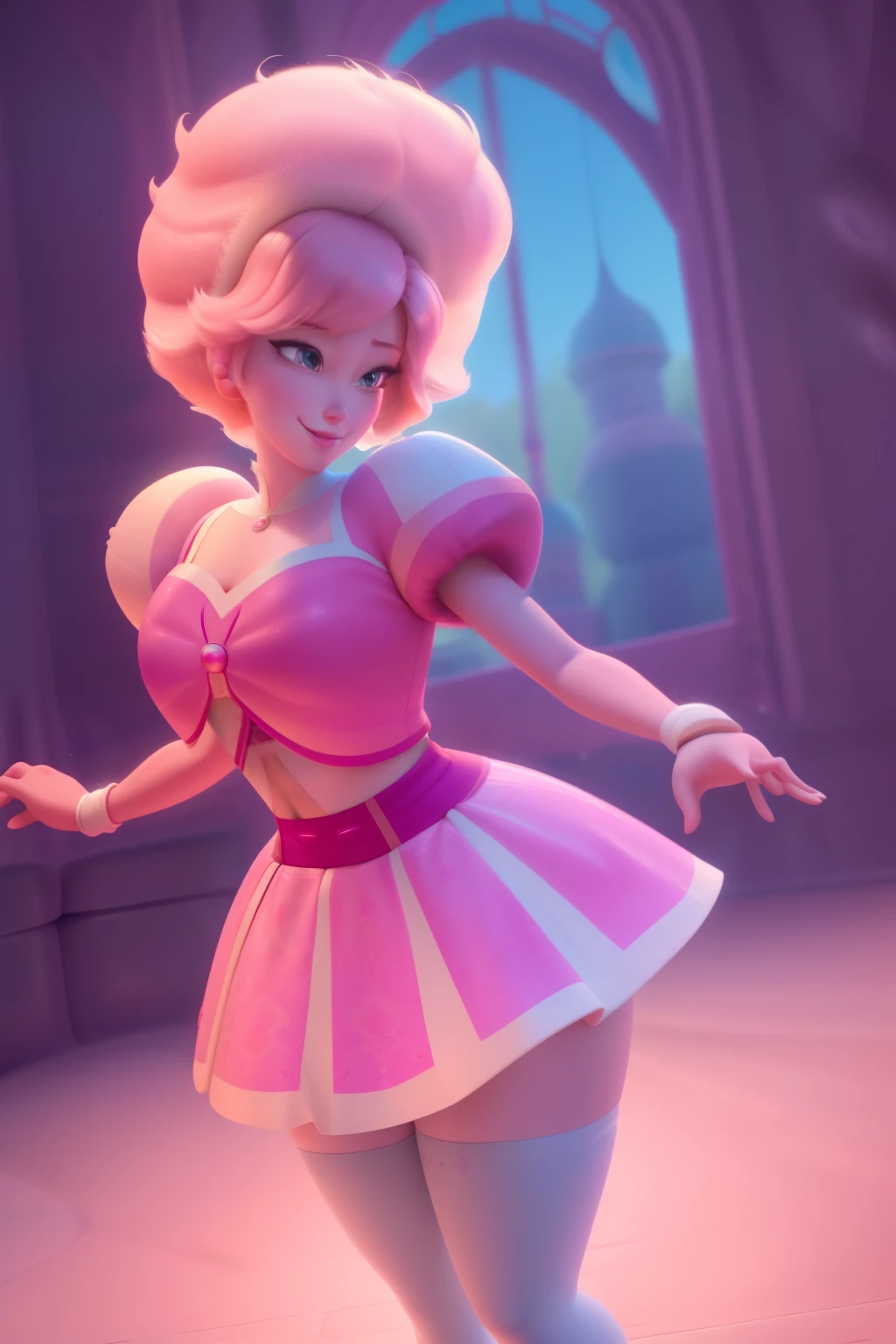 pnkdamond, pink hair, pink eyes,  big hair,  stomach gem,  pink skin,  toned, 
puffy short sleeves, elbow gloves ,  white thighhighs,   puffy dress, 
standing, upper body, 
 outerspace,  
(insanely detailed, beautiful detailed face,beautiful detailed eyes, masterpiece, best quality) cinematic lighting,  smile, 
 