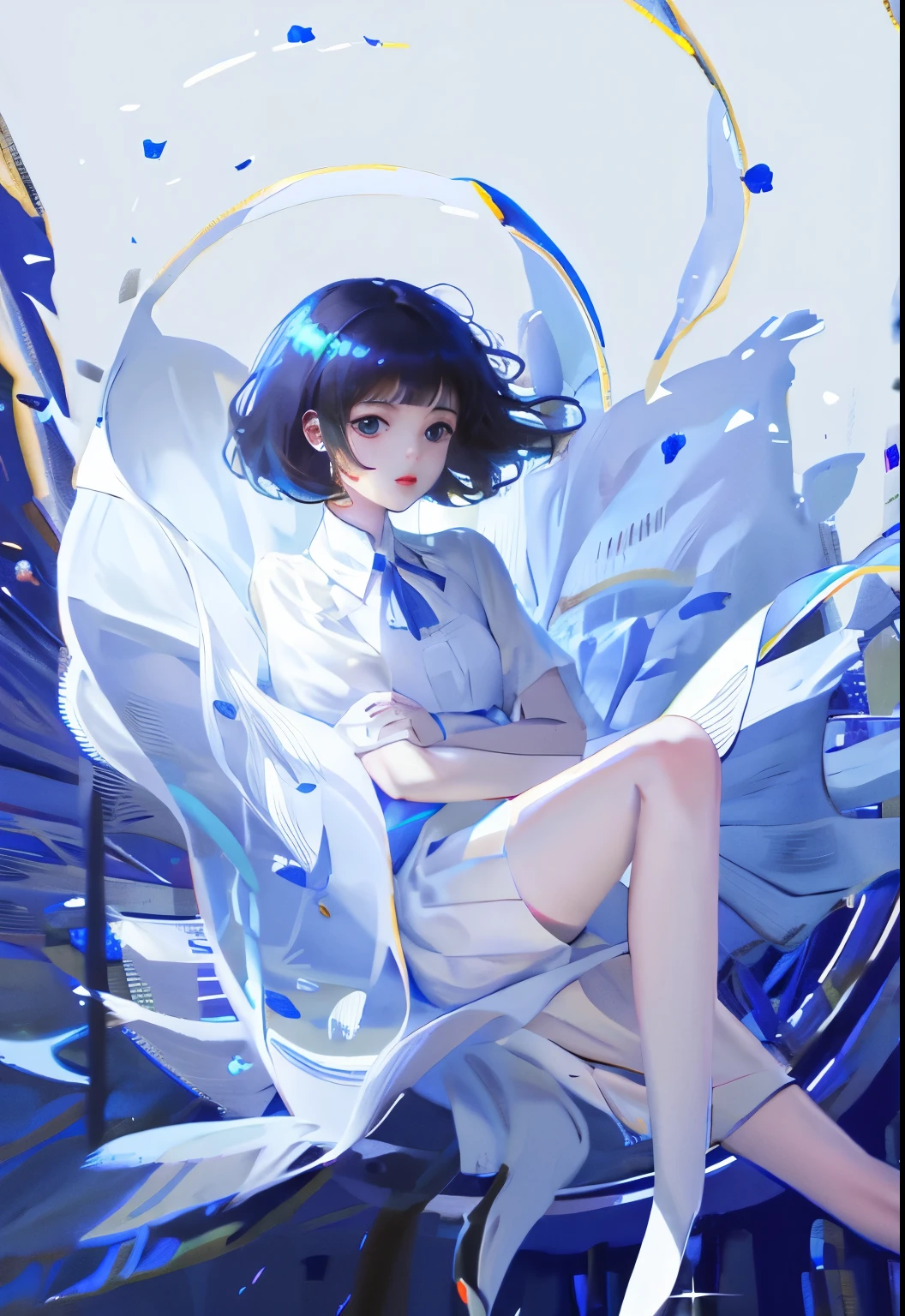1 girl, transparent water, blue butterfly, pure white gauze skirt, sparkling
