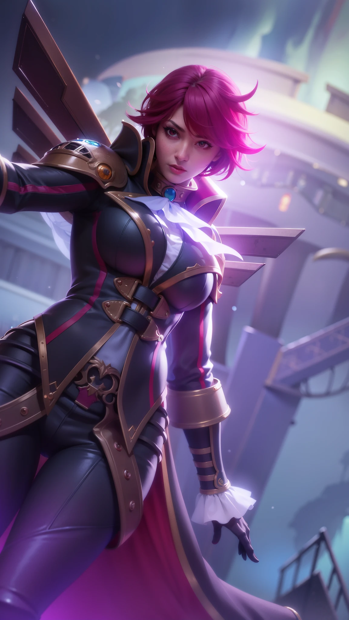 (female:1.2), 8k, ultra hd, ultra detailed texture, hyper realistic, masterpiece, detailed texture, detailed face, detailed skin, detailed lighting, (photorealistic:1.5), best quality, beautiful lighting, cinematic lighting, professional lighting, ultra highres, realistic, detailed hair, real hair, high quality, (realskin:1.5), extremely detailed, finely detail, ultra-detailed, 1girl, solo, floating, (red eyes), glowing eyes, red lips, v-shapped eyes, closed mouth, angry, colored skin, dark skin, purple skin, nose, pretty, beautiful, make up, evil smile, short hair, red hair bangs, large breasts, thigh, pauldrons, black pants, belt, purple coat, mechanical wings, armor shoulder, gloves, eudora \(mobile legends\), depth of field, looking aways, skin tight, amazing pose, glowing electric, lighting, cinematic background, elf ears.