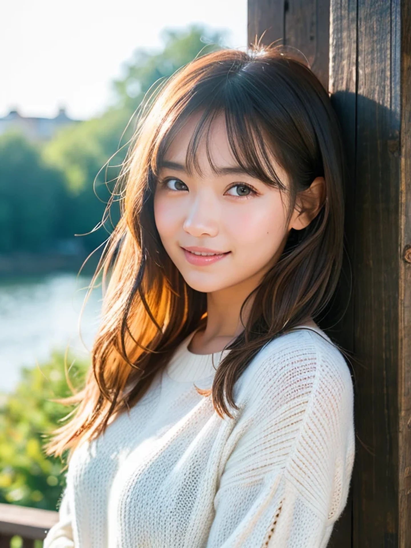 masterpiece, Best Quality, Raw photo, 8K, ultra-detailed face, 1girl, Beautiful detailed skin, backlight, soft light, bashful, (shoot from front:1.2), smile, Luminescent, Anatomically correct, Medium hair swaying in the wind, Eyes and faces with detailed, Textured skin, Professional Photography, Bokeh, Portrait, Professional Lighting, Solo, Cute, Girly, Film grain, sweater, Watermill,