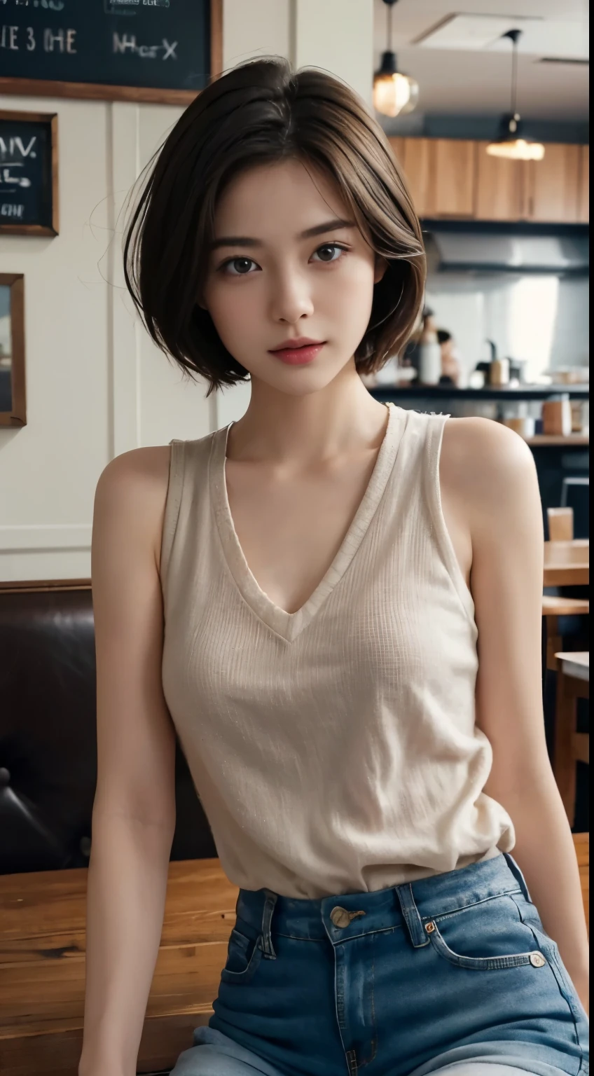 (realistic、high resolution:1.3)、1 girl with a perfect figure、The face shape and eyes are very thin、short hair、Vest:1 color random.2、Short jeans、in cafe、coffee on the table、huge 、Naked ditch