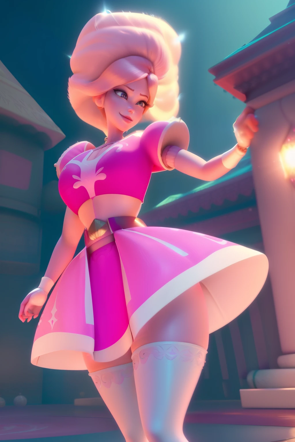 pnkdamond, pink hair, pink eyes,  big hair,  stomach gem,  pink skin,  toned, 
puffy short sleeves, elbow gloves ,  white thighhighs,   puffy dress, 
standing, upper body, 
 outerspace,  
(insanely detailed, beautiful detailed face,beautiful detailed eyes, masterpiece, best quality) cinematic lighting,  smile, 
 