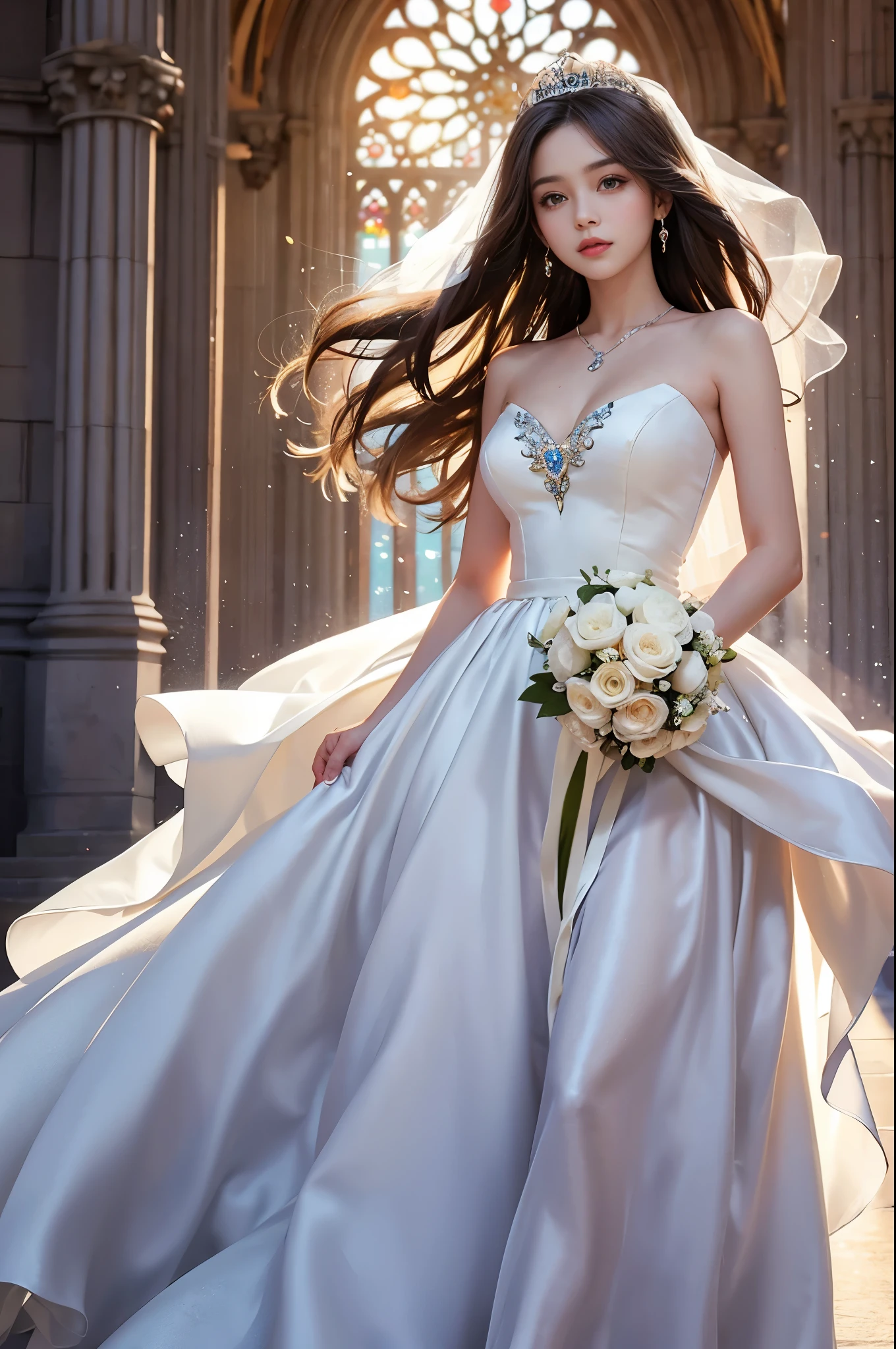 best quality, masterpiece, 1 girl, (yak), cute teen, shiny lips, sweet, sun glare, Conservative attire, wedding dress, bridal tiara, depth of field, blurred background, Cathedral Background, light particles, strong wind, head tilt, long hair,