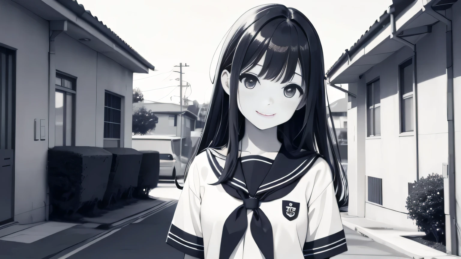 15 year old girl alone、wearing a sailor suit、In front of the school building、facing the front、Tilt your head、smile、Upper body、hair is long、Monochrome sketch style