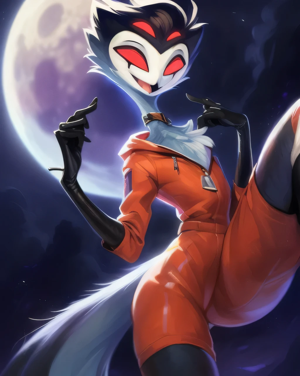 (furry art, upload on e621), ((stolas)), (anthro, furry), (open mouth), sfw, (red spacesuit, black gloves, elbow gloves, (moon background), low angle view, short hair, black hair, white face, four eyes, girly, (skinny), smile, happy, red eyes, 1boy, black legs, solo, (tail), extra eyes, (tall), (standing), masterpiece, (best quality:1.2), sharp image, detailed image, colorful, vibrant colors, detailed face, perfect lighting, perfect shadows, perfect eyes, perfect face, (detailed background, depth of field), (4k, 2k, shaded, absurd res),, 8k hd, (by zackary911, by darkgem), by syuro, (by kenket), by Pino Daeni, by Ruan Jia, by Shiitakemeshi, by Alayna Lemmer, by Carlo Galli Bibiena,