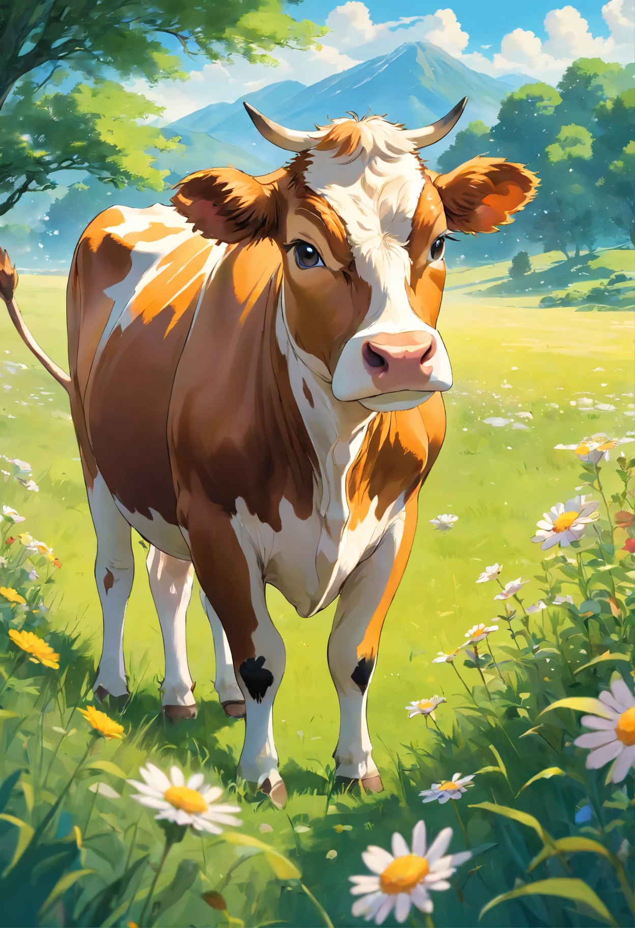 A cow, grazing peacefully in a lush green meadow, with vibrant wildflowers blooming all around [nature, pastoral scene, serene atmosphere, countryside, peaceful]. The cow has a shiny coat of brown and white fur, with soulful expressive eyes and long, beautiful eyelashes [beautiful detailed eyes, long eyelashes, expressive eyes]. The cow is standing on all fours, elegantly poised, with a gentle curve to its back [graceful stance, elegant posture]. The meadow is bathed in soft, warm sunlight, casting a golden glow on the cow and the surrounding scenery [golden sunlight, warm tone]. The clouds are fluffy and white, dotting the blue sky, creating a sense of tranquility and calm [clear blue sky, fluffy clouds]. The air is filled with the scent of fresh grass and wildflowers, adding to the peaceful ambiance of the scene [fresh scent of grass, fragrant wildflowers]. The overall image quality is of the highest standard, with ultra-detailed textures and sharp focus [best quality, ultra-detailed, sharp focus]. The colors are vivid and vibrant, depicting the beauty of the natural landscape [vivid colors]. The lighting is natural and soft, highlighting the contours of the cow and creating a harmonious balance of light and shadow [natural lighting].