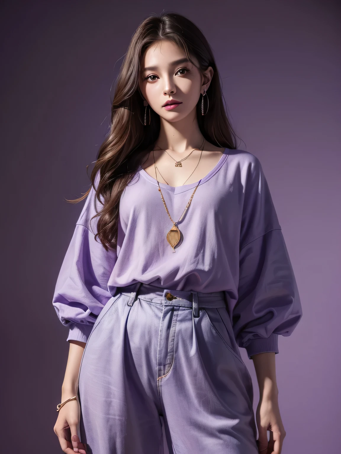 (8K, highest quality, High resolution, masterpiece :1.3), (purple background), stylish, hisense, fashion, The contour is the length of the surface, eyes are long, perm hair, oversized clothes, baggy clothes, colorful, Upper body, necklace, earrings,