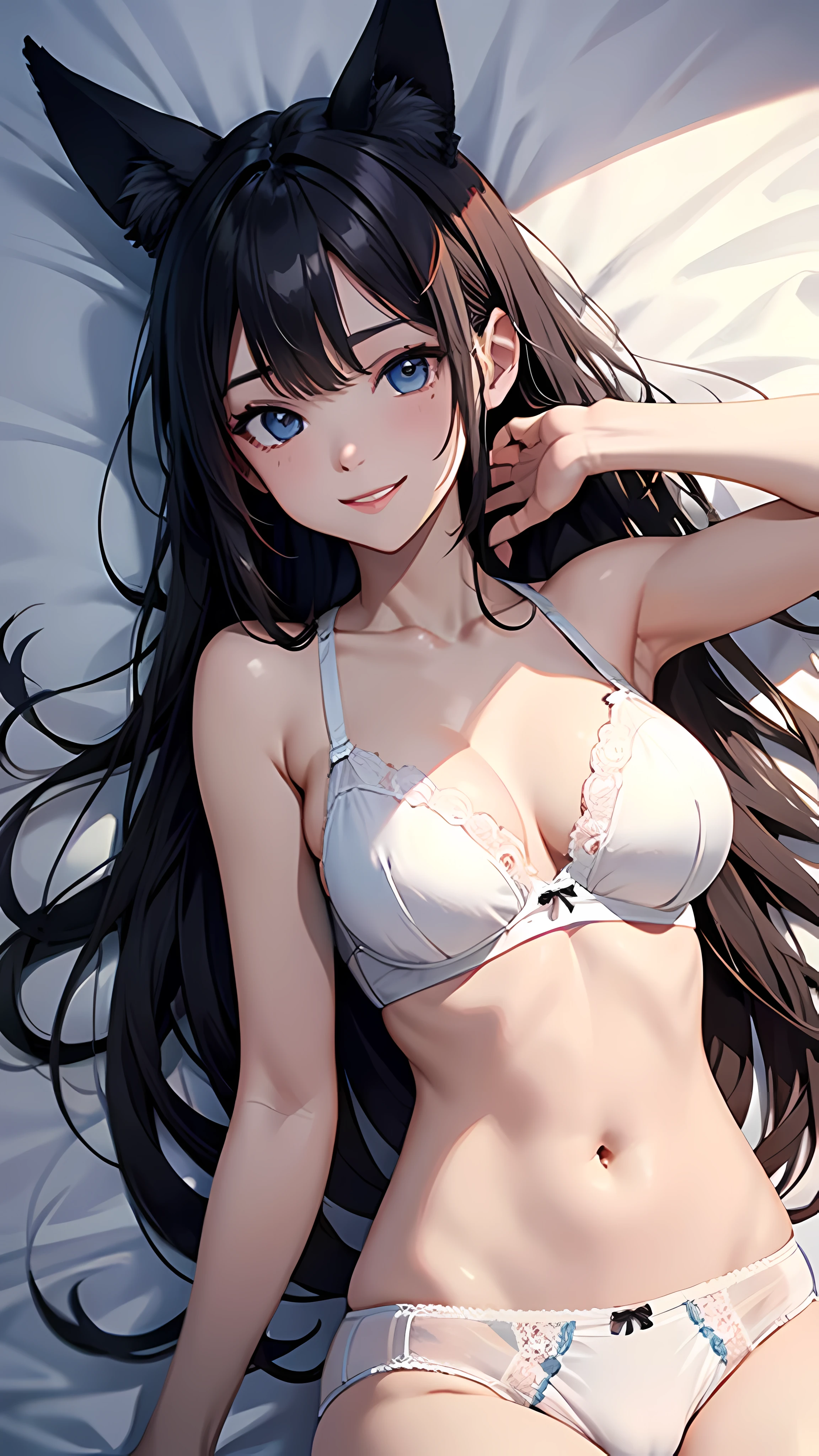 masterpiece,highest quality,8K,girl alone, chest to head、20-year-old, blonde, beautiful hair, (challenging smile),dark blue eyes, (long hair), (fox ears),bangs, (big breasts), (((white underwear))), ((on the bed)),(((lying down))), ,aerial perspective,transparency、Sense of presence