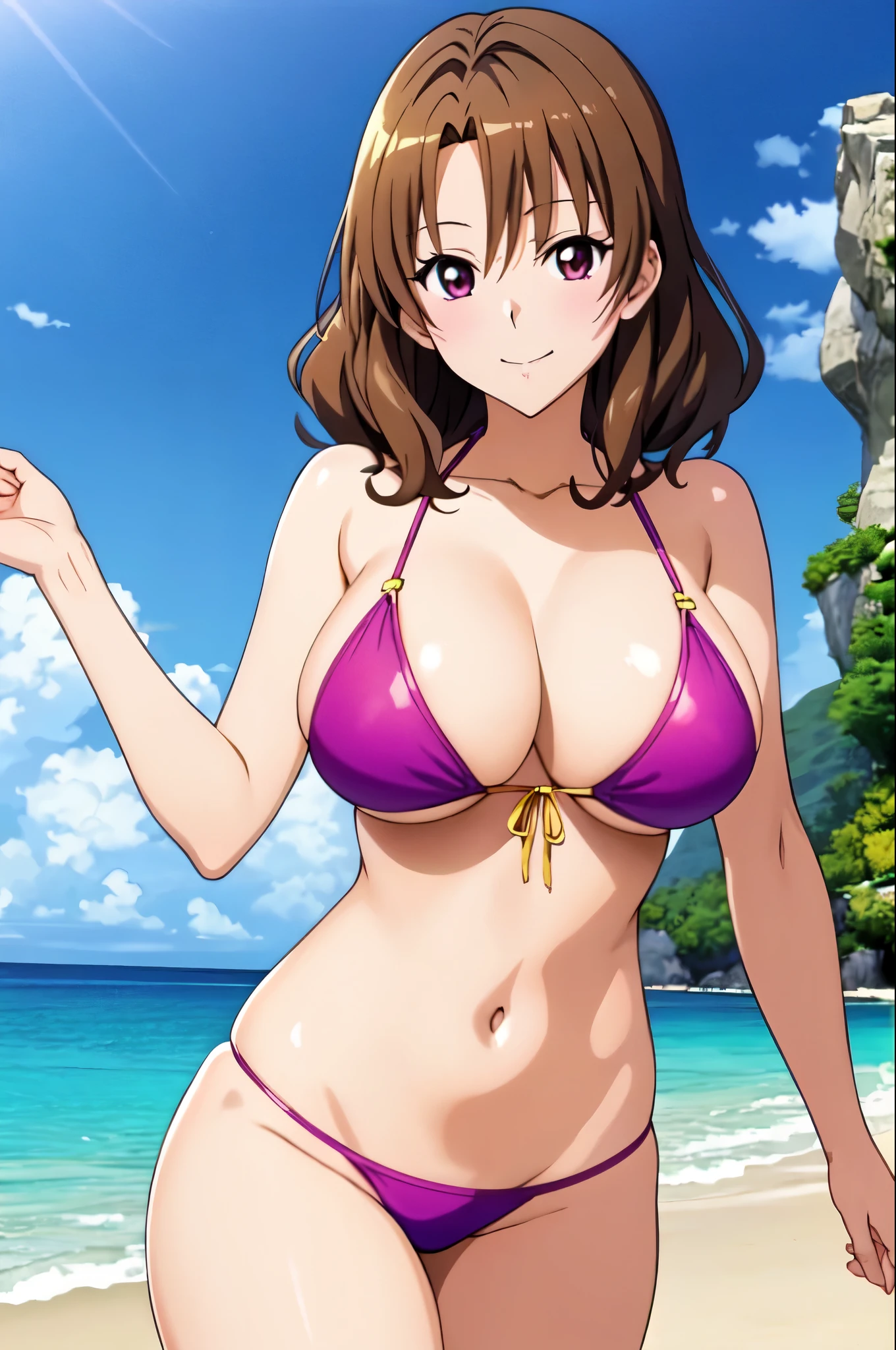 アニメの女の子 in a bikini posing on the beach、Woman with short brown hair、brown eyed woman、wavy hair、realistic bikini、seductive anime woman、swimsuit、美しいanime woman、4K style、is wearing a swimsuit、attractive anime girl、on the beach、highly detailed art germ、tall woman、sexy atmosphere、big breasts、woman with very large breasts、tits、anime moe art style、naughty anime style、digital anime art!!、female focus、Smooth anime CG art、in a triangle bikini、美しいanime woman、cleavage、bikini with an black top、bikini with an black bottom、whole body、sexy anime woman、a woman is standing、 attractive anime woman、in a bikini、(anime woman)、 anime best wo bikini、beautiful anime woman、Beautiful charming anime 、
