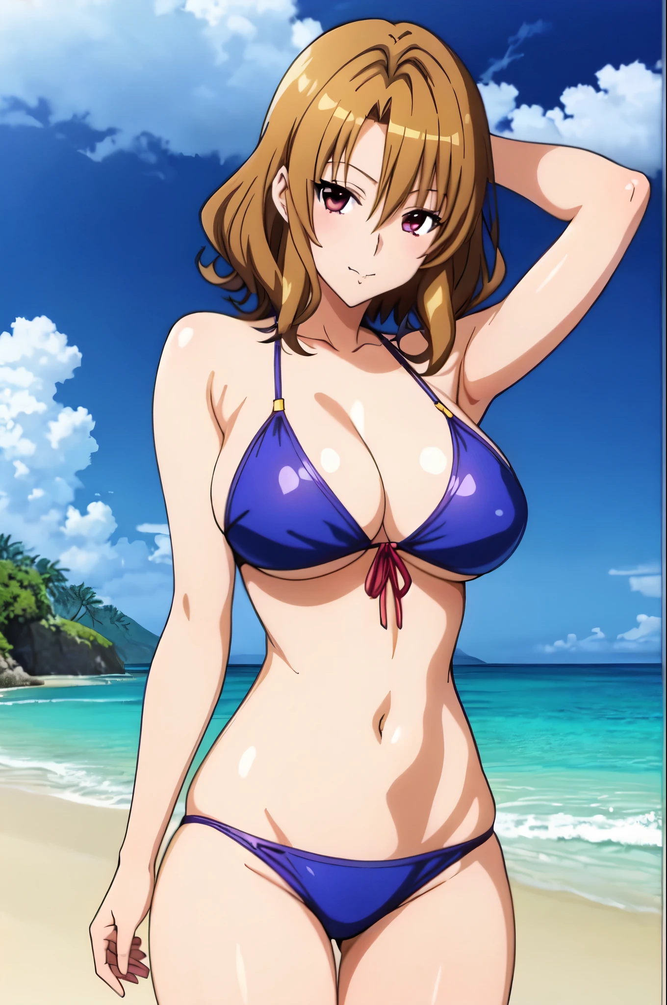 アニメの女の子 in a bikini posing on the beach、Woman with short brown hair、brown eyed woman、wavy hair、realistic bikini、seductive anime woman、swimsuit、美しいanime woman、4K style、is wearing a swimsuit、attractive anime girl、on the beach、highly detailed art germ、tall woman、sexy atmosphere、big breasts、woman with very large breasts、tits、anime moe art style、naughty anime style、digital anime art!!、female focus、Smooth anime CG art、in a triangle bikini、美しいanime woman、cleavage、bikini with an black top、bikini with an black bottom、whole body、sexy anime woman、a woman is standing、 attractive anime woman、in a bikini、(anime woman)、 anime best wo bikini、beautiful anime woman、Beautiful charming anime teen、