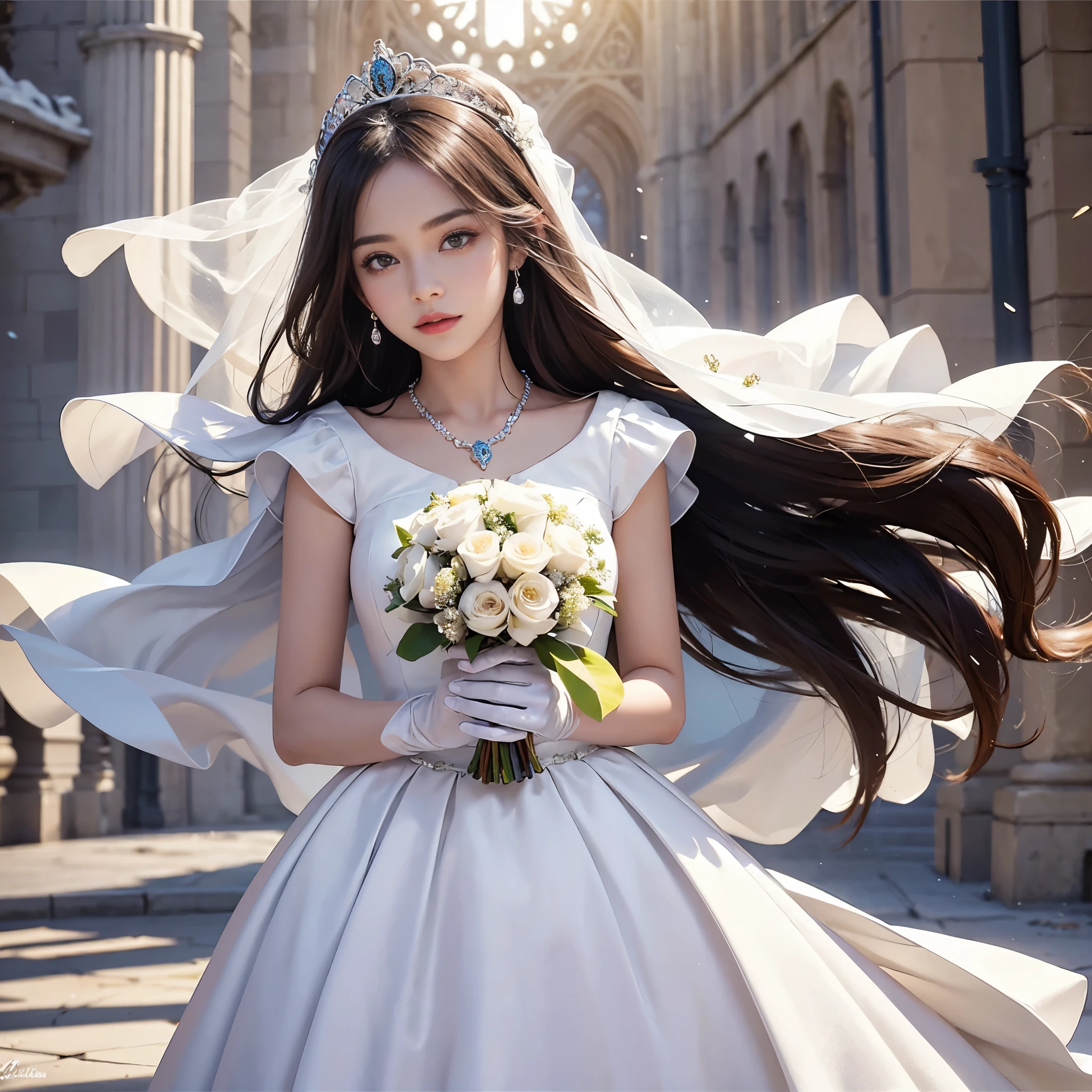 best quality, masterpiece, 1 girl, (yak), cute teen, shiny lips, sweet, sun glare, Conservative attire, Beaded bell-line wedding dress, white gloves, bouquet, bridal tiara, depth of field, blurred background, Cathedral Background, light particles, strong wind, head tilt, long hair, 