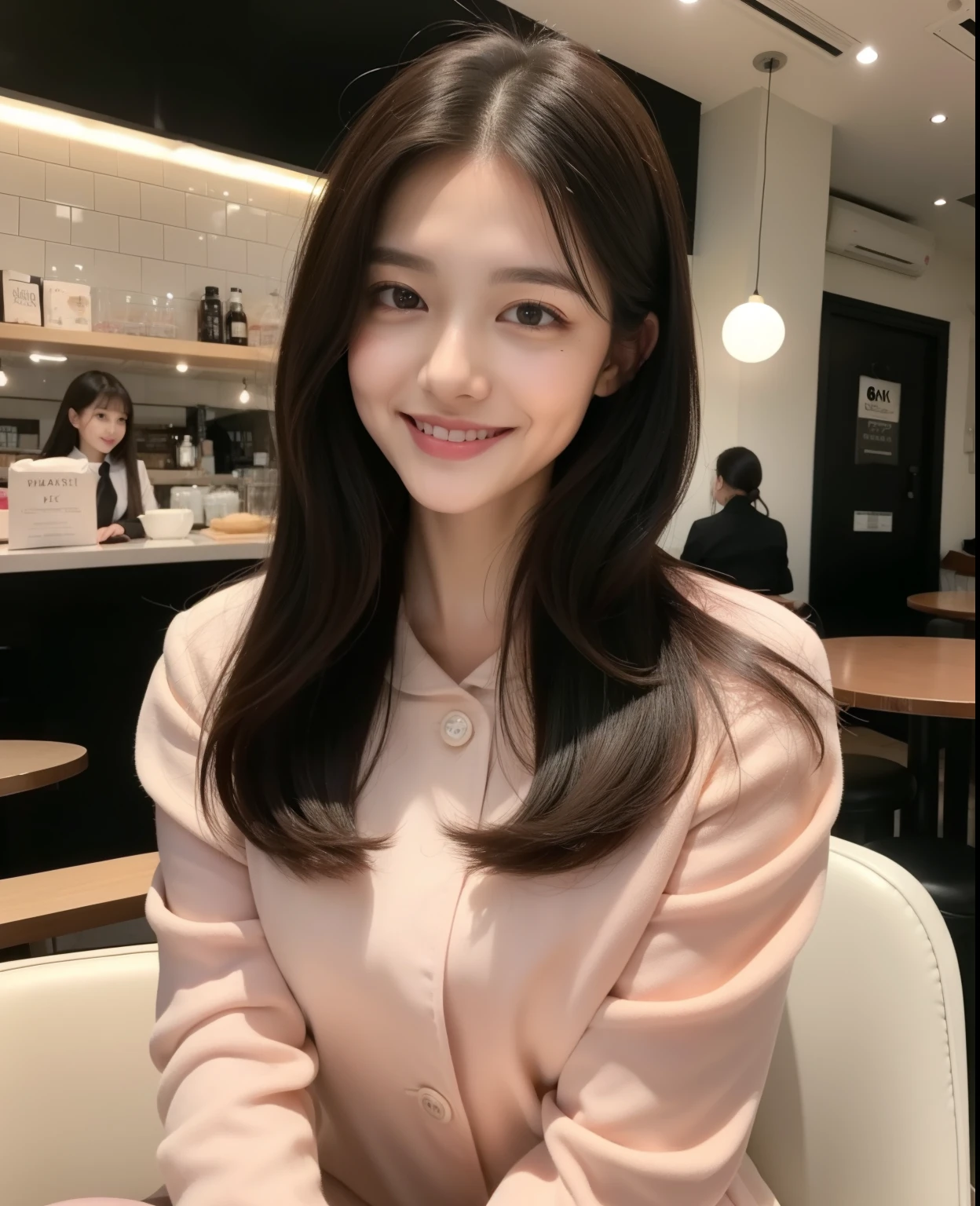 ((best quality, 8K, masterpiece: 1.3)), beautiful girl, pure, melon face, kind and cute, sweet smile, pure desire, slender body, (front), (tilted head), ((looking at camera) ), wearing a pink suit, black silky medium hair, long flowing shoulders, round black big eyes, clear big eyes, moist red lips, sweet, sitting in a cafe, cafe background , (((whole body))),