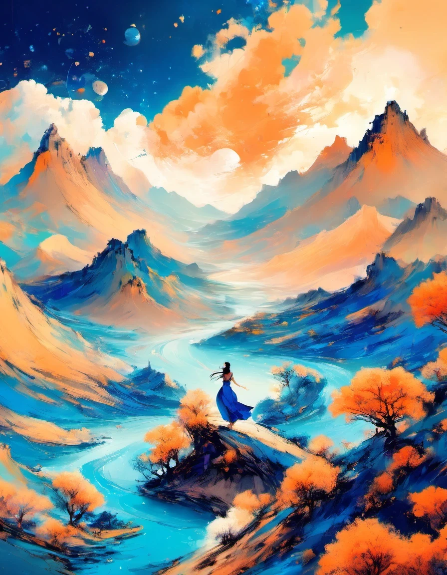 (best picture quality,4K,HD:1.2),Super delicate,(Realistic,lifelike:1.37),Mountain,road,newspaper,The girl dances like a wave with lots and lots of fax paper,There's a magic spell floating on it,Lots of floating magic spells,Illustrations in Dunhuang art style,zen style,gradient blue,blue and orange,smooth movements,clear focus,fantasy,romantic。in style of Eileen Agar, beautiful details