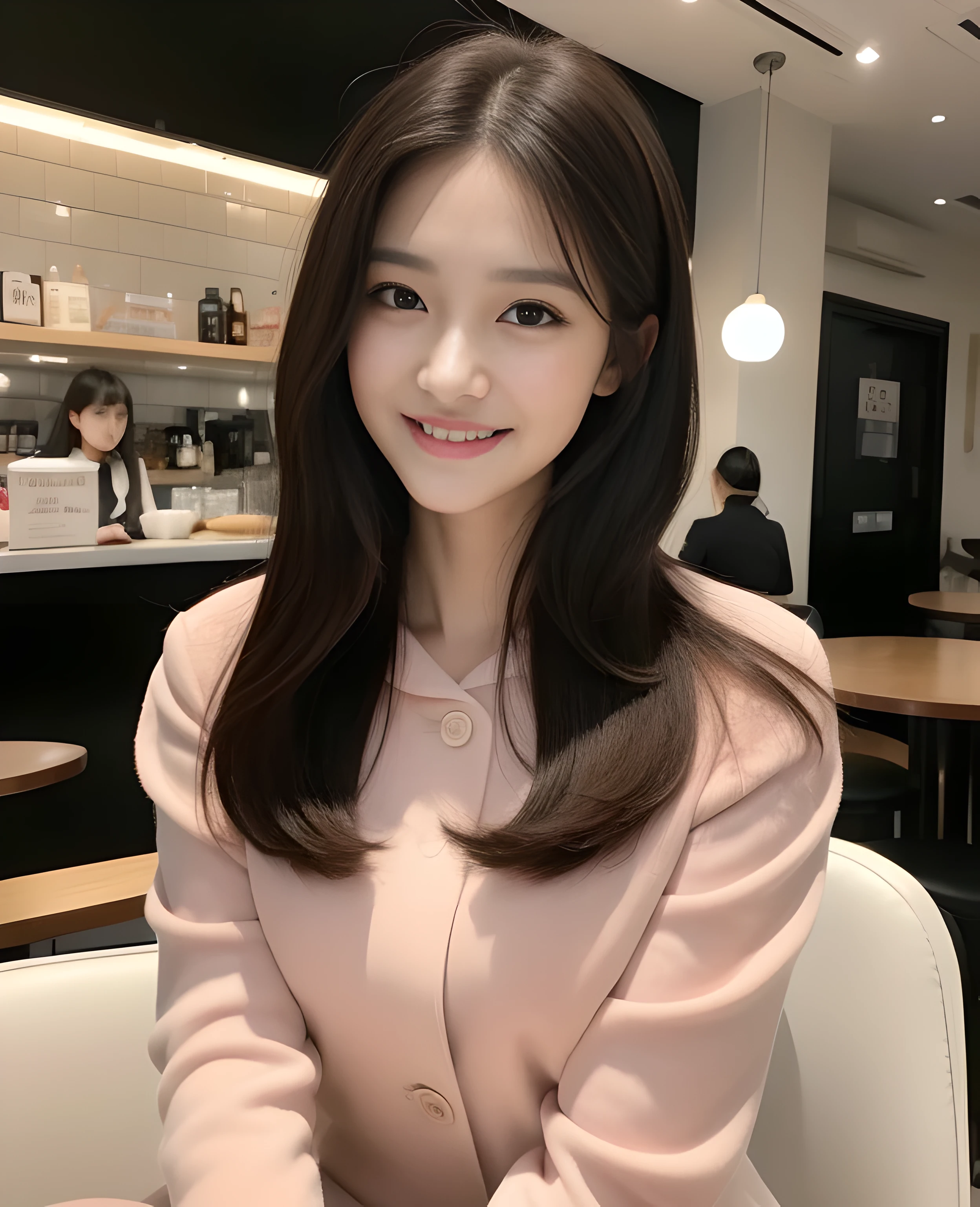 ((best quality, 8K, masterpiece: 1.3)), beautiful girl, pure, melon face, kind and cute, sweet smile, pure desire, slender body, (front), (tilted head), ((looking at camera) ), wearing a pink suit, black silky medium hair, long flowing shoulders, round black big eyes, clear big eyes, moist red lips, sweet, sitting in a cafe, cafe background , (((whole body))),
