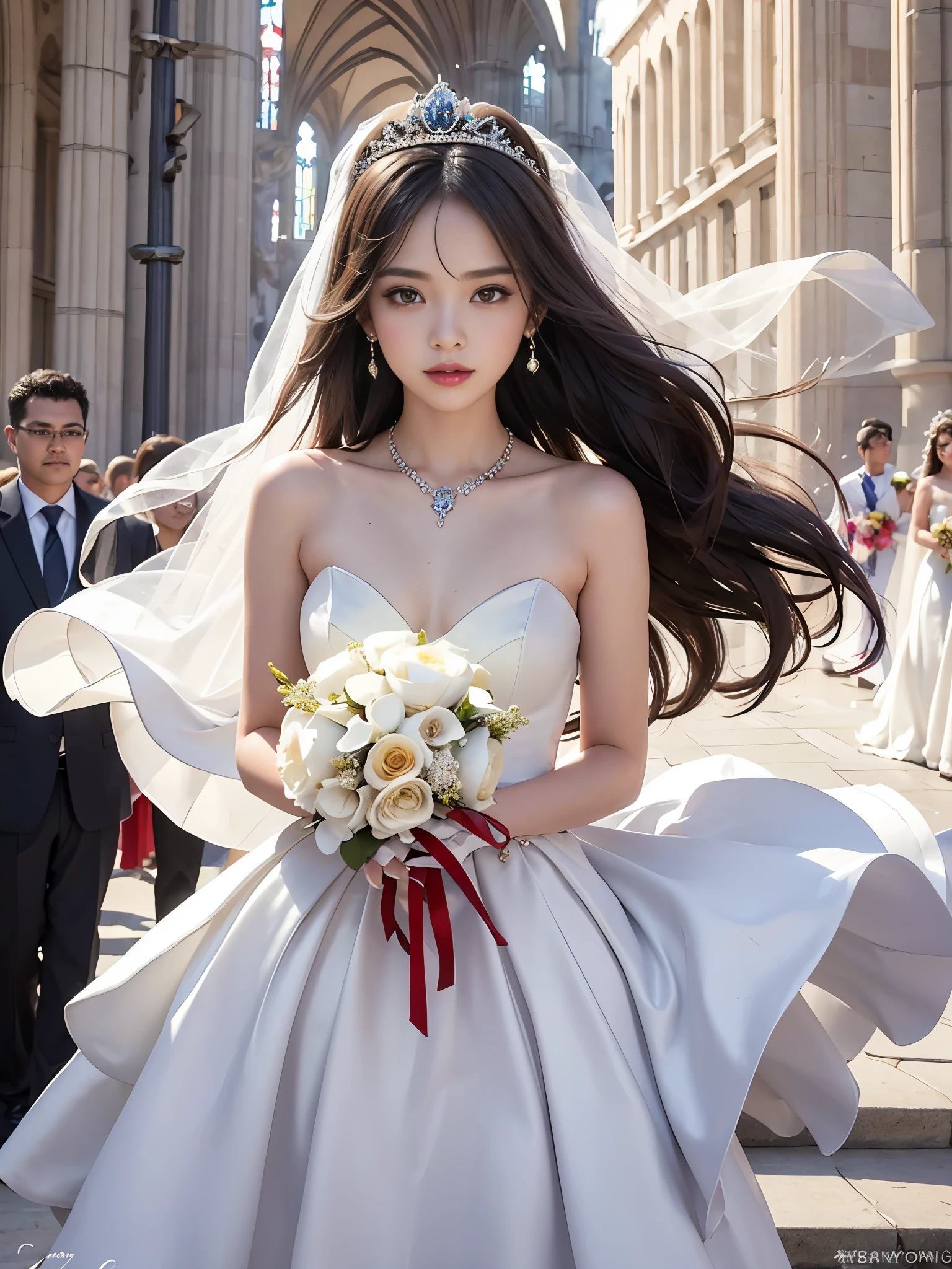 best quality, masterpiece, 1 girl, (yak), , shiny lips, sweet, sun glare, Conservative attire, Beaded bell-line wedding dress, white gloves, bouquet, bridal tiara, depth of field, blurred background, Cathedral Background, light particles, strong wind, head tilt, long hair, 