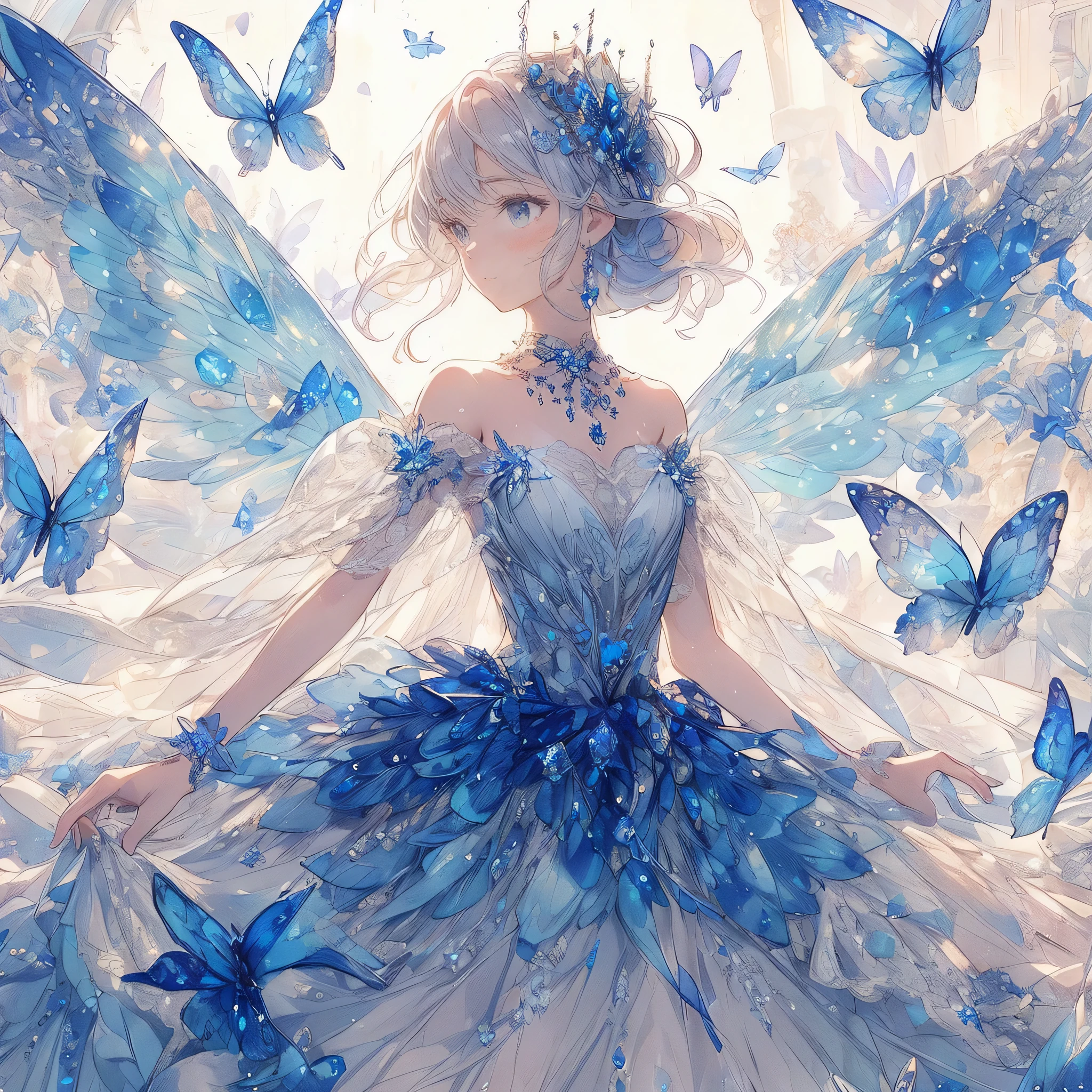 (exquisite, beautiful, very detailed, masterpiece, high quality, confused, High resolution, Full HD, 16k),Transparent illustration),(Inside a baroque castle,indoor),A fairy with sapphire-colored butterfly-like wings.,(((Ball gown dress with sapphire motif,Decorated with white lace, sapphires and frills))),(Fairy Princess),(blur the background a little),(Sapphire tiara,sapphire choker,sapphire earrings),((long white gloves with lace decoration)),(small head,wavy hair)),Plump and plump lips, Glossy look,Fair skin, slim,soft edge, soft lines, highly saturated colors, bright colors, Sapphire Gemstones,blue rose,Blue petals,pastel colour