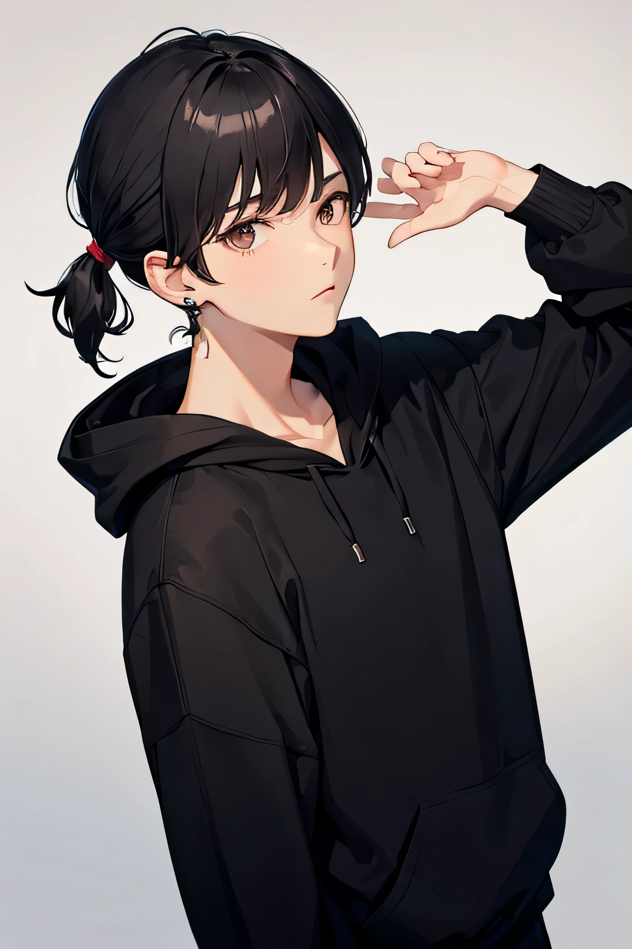 1 boy, short ponytail hair style, short hair, Black hair, Brown eyes, Black hoodie , 8k, masterpiece, looking at viewer, ultrasharp, men, japanese, separate bang, No bang, 2 silver earrings at left ear, cool, Men