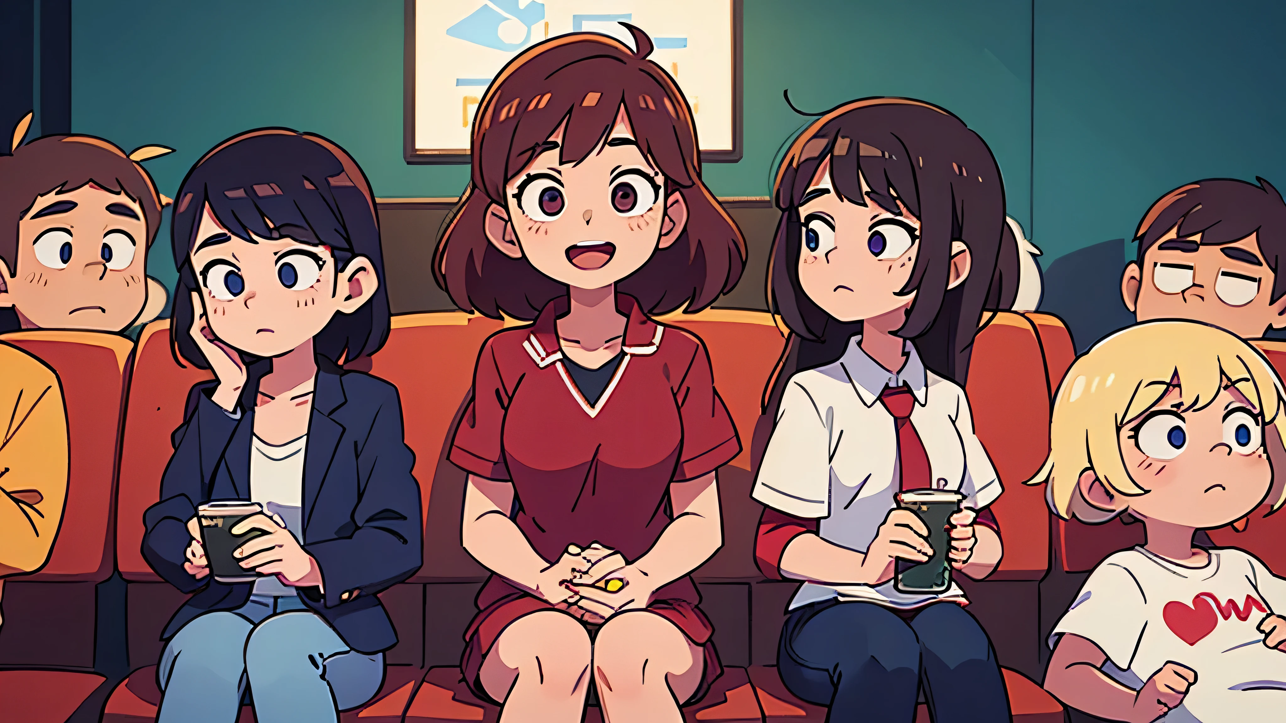 the twins at the cinema laughing - (Two brunette twins, de 5 anos, roupas rosa)