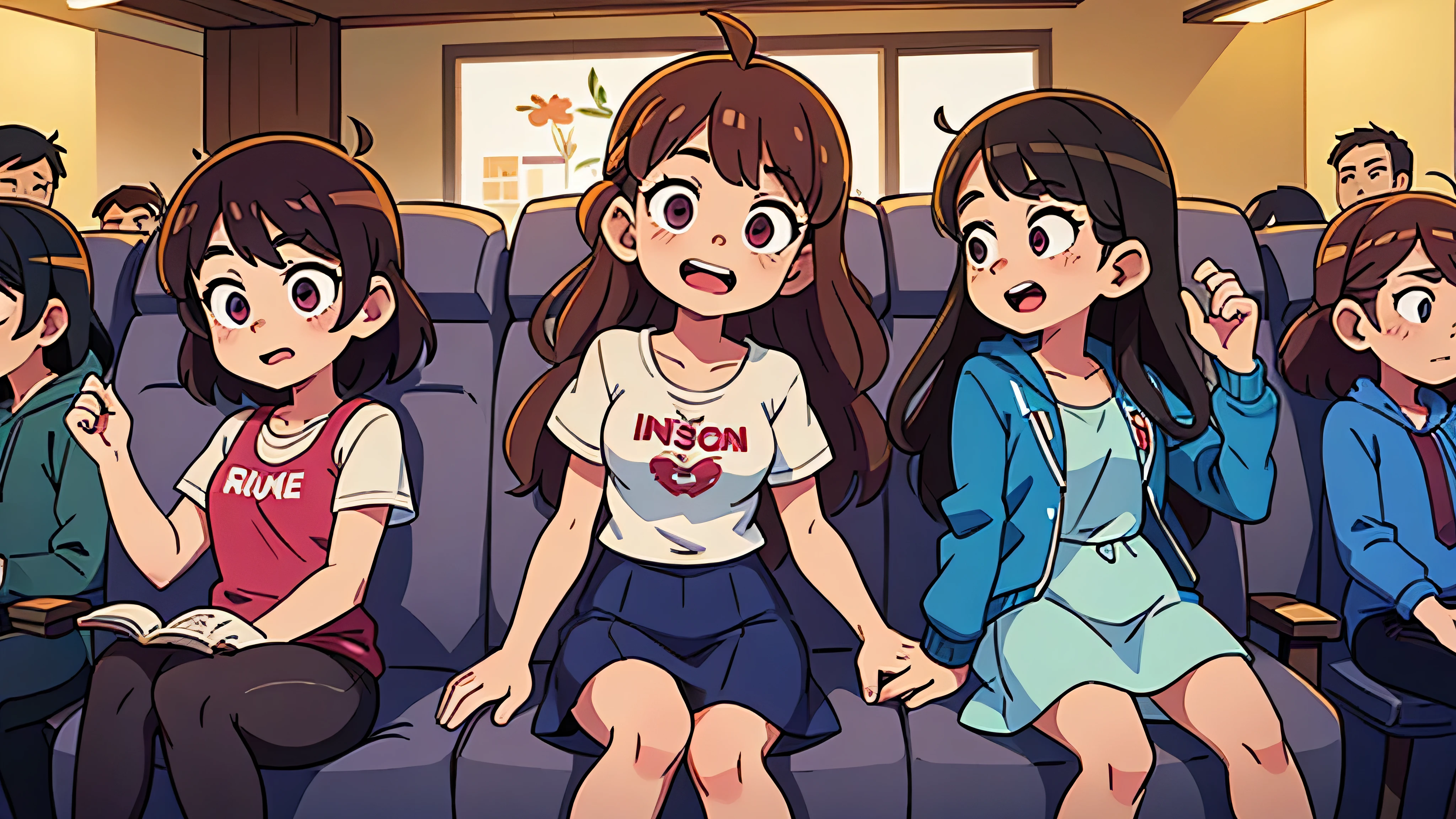 the twins at the cinema laughing - (Two brunette twins, de 5 anos, roupas rosa)