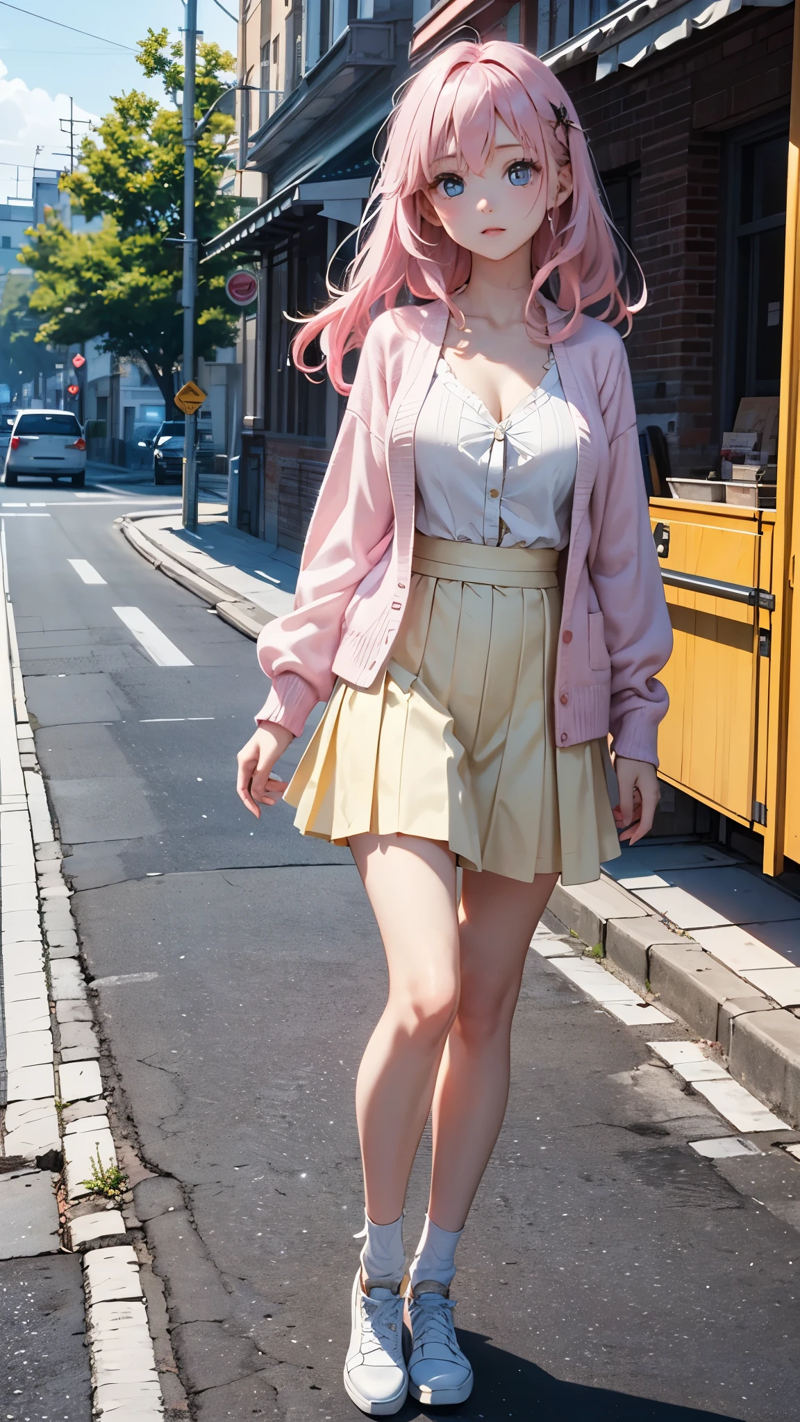 1 female、26 years old、pink hair、hair blowing in the wind、(very cute woman)、(Refreshing look)、stare into the distance、road along the river、white blouse、light yellow cardigan、Pale pink long skirt blue eyes、sparkling eyes、big bust、((from knees to head))、walk slowly、(transparent)、(pure)、