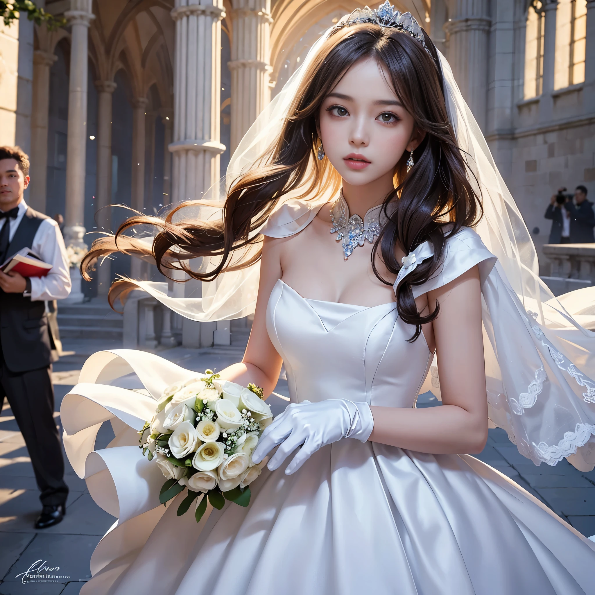 best quality, masterpiece, 1 girl, (yak), cute teen, shiny lips, sweet, sun glare, Conservative attire, bell-line wedding dress, white gloves, bouquet, bridal tiara, depth of field, blurred background, Cathedral Background, light particles, strong wind, head tilt, long hair, 