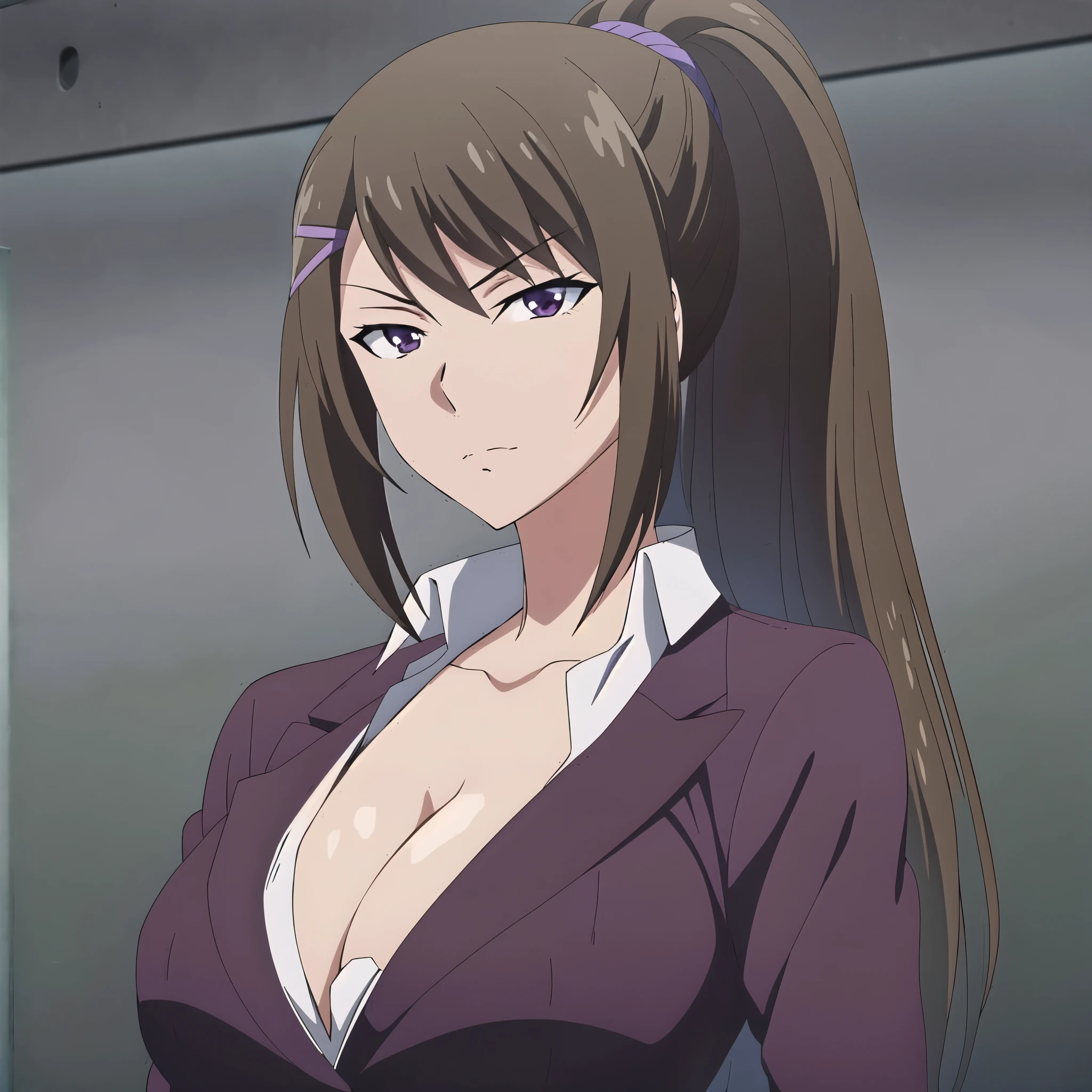 Anime girl with long hair and purple shirt is posing for the camera, seductive anime girl, anime womanキャラクター, Spy x Family Anya, attractive anime girl, female action anime girl, tits, fujita goro!, beautiful alluring anime woman, anime best girl, This is a continuation of the TV anime., official anime yet, misato katsuragi, anime woman