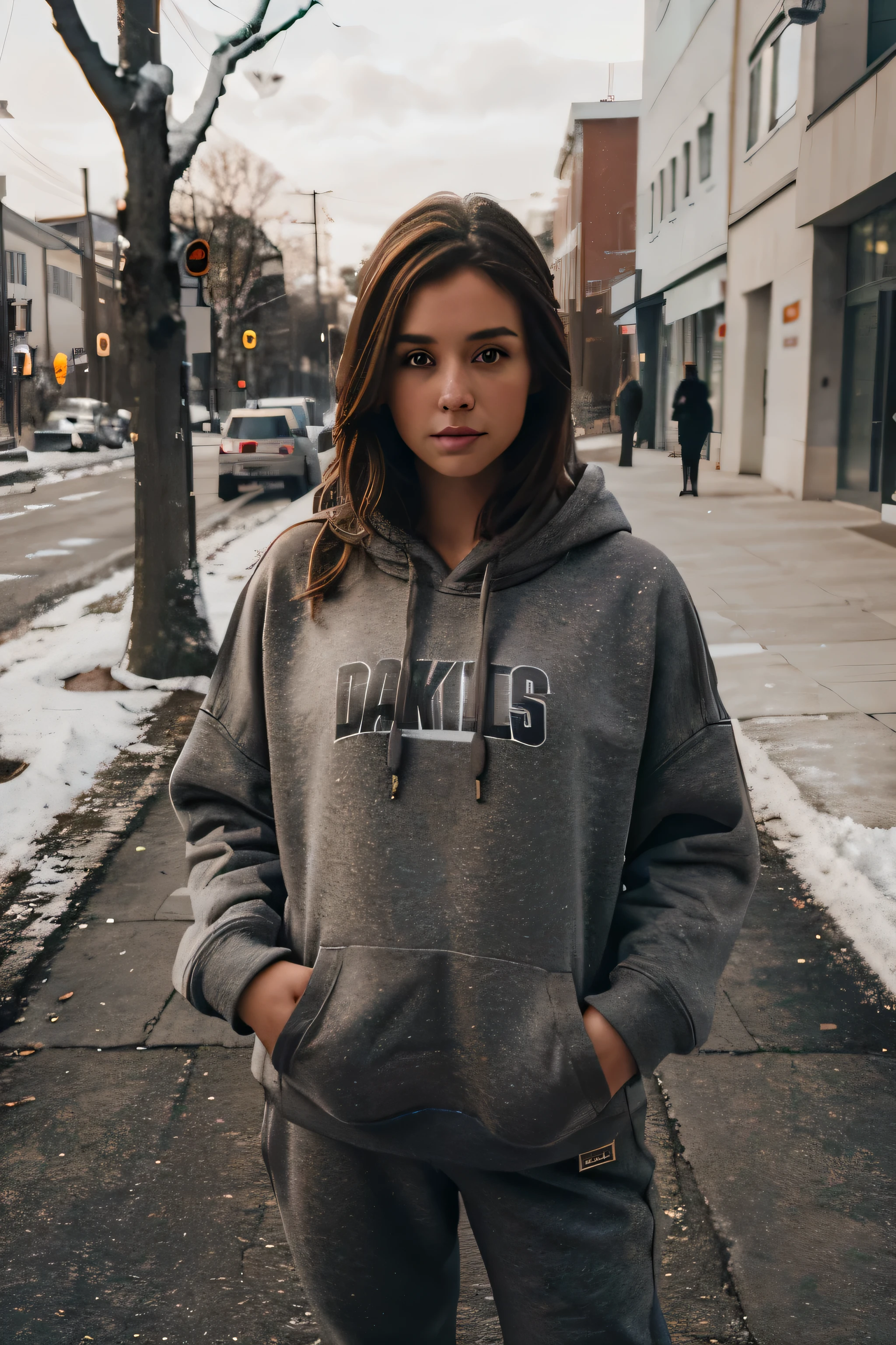 chica afuera, invierno, cuerpo completo, muy hermoso, By the chestnut, wearing dark gray sweatpants and a blank dark gray oversized hoodie, cara realista, ojos detallados, pecas, mirando hacia el lado, foto hecha por iphone 8