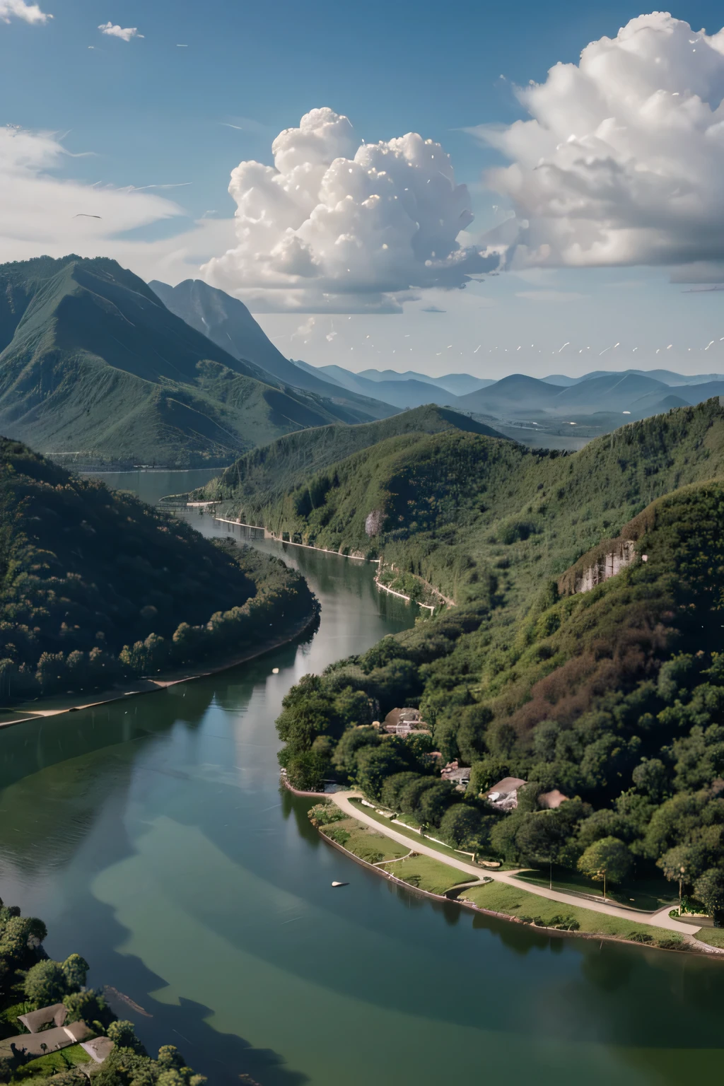 ((masterpiece)), (((best quality))), ((ultra-detailed)), (Amazing:1.1), beautiful, nature, sky and ground, heavy wind, windsweeped, line cloud,Light shoot from the cloud, in a lush remote village with jungle , Exposure,High Contrast,Low Saturation,High Saturation 8k 3D, F 2.8 lens, Aerial View, Cinematic lighting