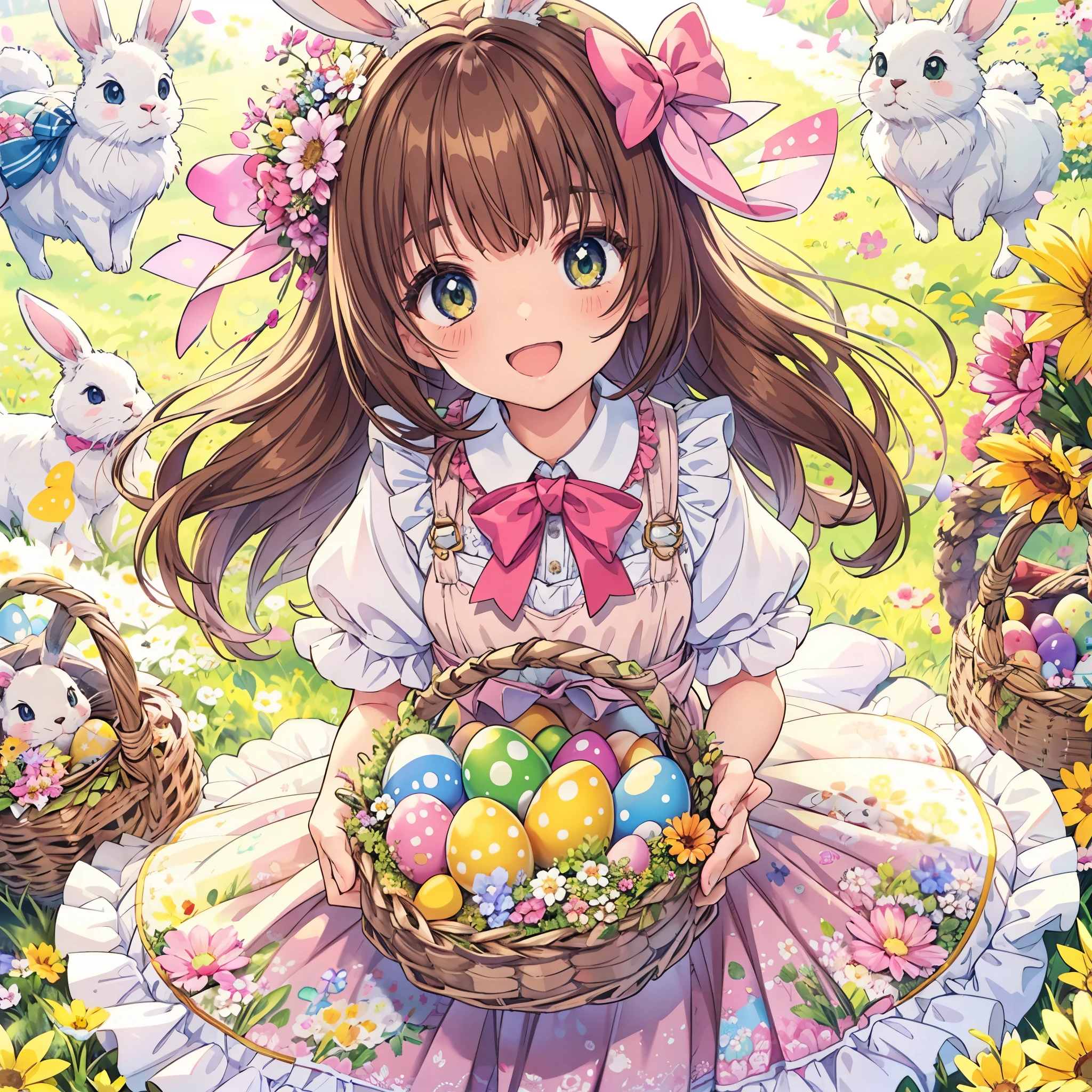 (masterpiece), best quality, On a bright spring day, in a meadow full of flowers, a girl in colorful dress and white_apron, holds a basket of easter egg with rabbits around her, easter, easter egg, rabbit, flower, smile, floral print, dress, basket, frills, bow, looking at viewer, frilled dress, from above, cute00d