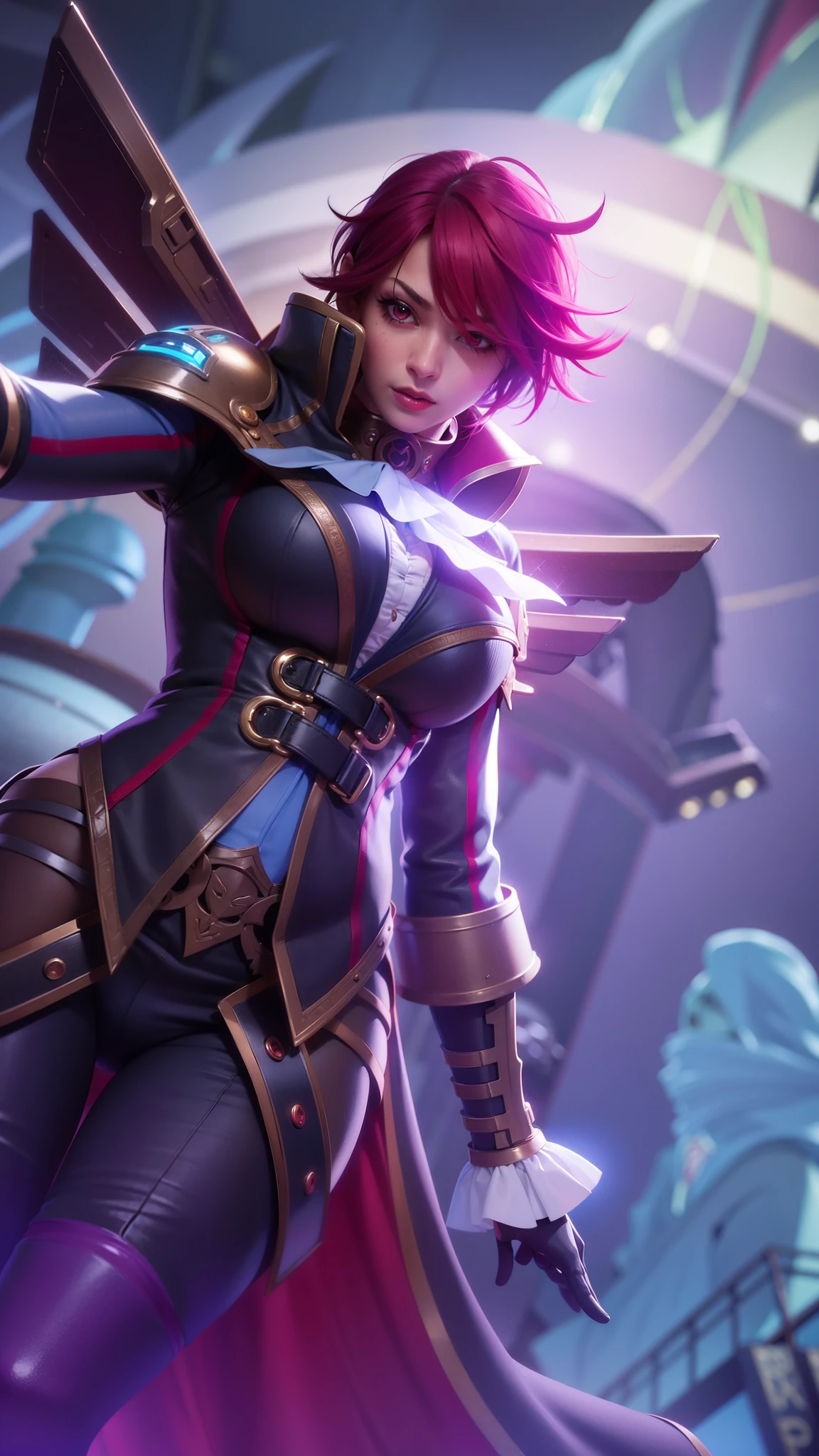 (female:1.2), 8k, ultra hd, ultra detailed texture, hyper realistic, masterpiece, detailed texture, detailed face, detailed skin, detailed lighting, (photorealistic:1.5), best quality, beautiful lighting, cinematic lighting, professional lighting, ultra highres, realistic, detailed hair, real hair, high quality, (realskin:1.5), extremely detailed, finely detail, ultra-detailed, 1girl, solo, floating, (red eyes), glowing eyes, red lips, v-shapped eyes, closed mouth, angry, colored skin, dark skin, purple skin, nose, pretty, beautiful, make up, evil smile, short hair, red hair bangs, large breasts, thigh, pauldrons, black pants, belt, purple coat, mechanical wings, armor shoulder, gloves, eudora \(mobile legends\), depth of field, looking aways, skin tight, amazing pose, glowing electric, lighting, cinematic background