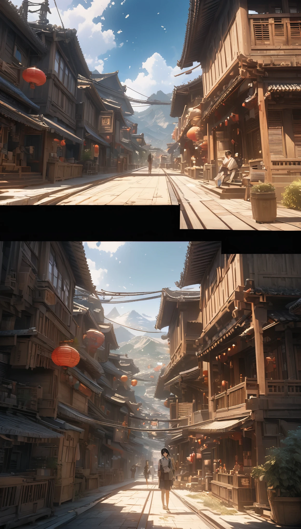 comics,2D picture,comics风格,Makoto Shinkai animation style,Makoto Shinkai animation film art style,Ultra wide angle viewing angle,Chinese style,A town with beautiful landscapes,Vision,Super fine,Super detailed,high quality,8K ,oc rendering,dynamic perspective,Super real,Super realistic