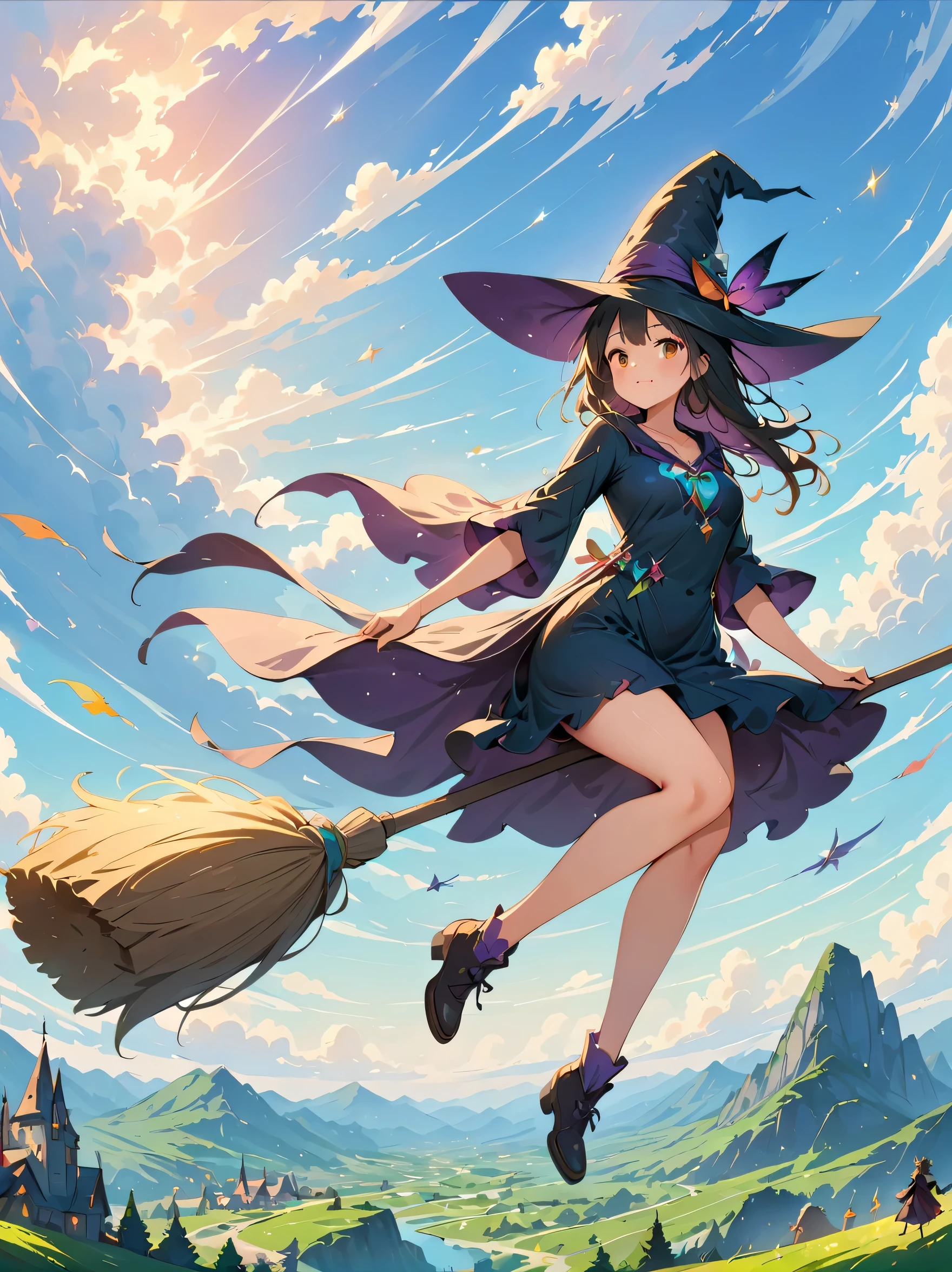 1 girl,perfect face,cute, ((((flying witch))),((Ride a broom)),broom flight,Straddling the broom,anatomically correct,(masterpiece, highest quality:1.2),masterpiece,highest quality,best masterpiece,8K,,Wind,fantasy,,wonderful,, Mysterious, charm, Whimsical, playful, adventurous, free, wonder, imagine, decide, skill, speed, movement, energy, realism, naturalistic, figurative, represent, beauty, fantasy culture, myth, fairy tale, folklore, Legend, witch, wizard, Magical creatures, fantasy worlds, composition, scale, Zenikichi, midway point, background, perspective, light, color, texture, get used to it, beauty, wonder.