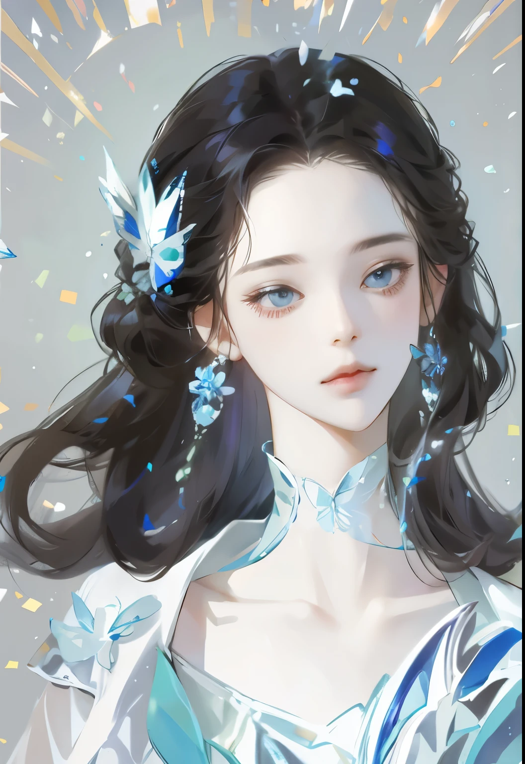 1 girl, transparent water, blue butterfly, pure white gauze skirt, sparkling