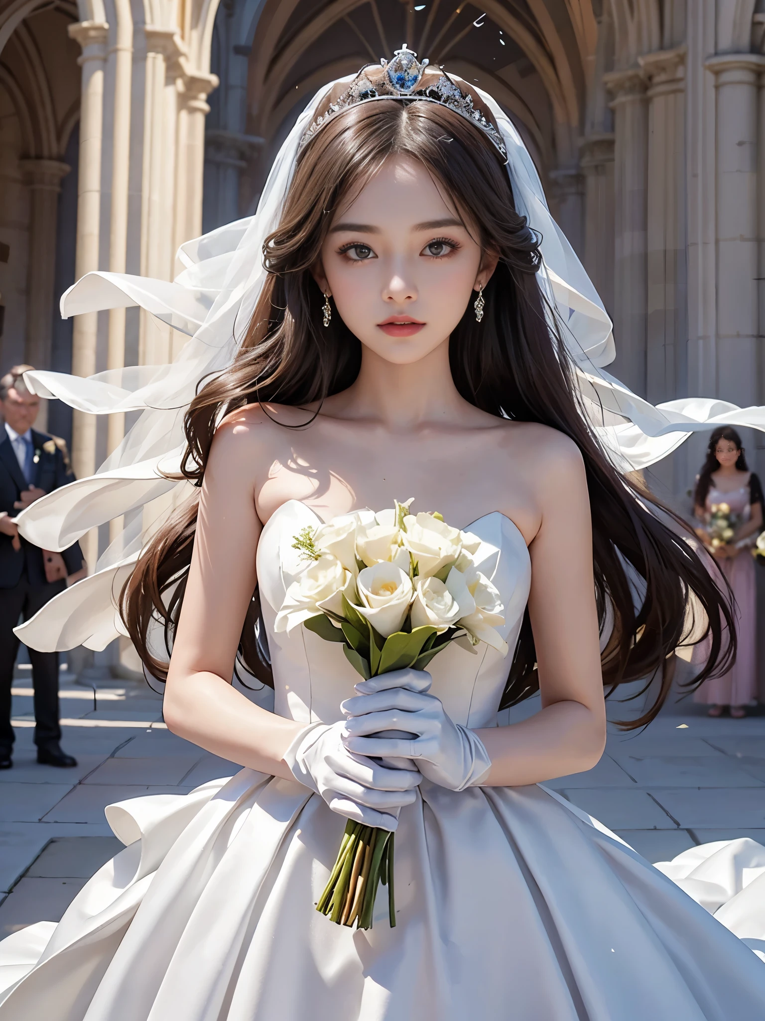 best quality, masterpiece, 1 girl, (yak), , shiny lips, sweet, sun glare, Conservative attire, bell-line wedding dress, white gloves, bouquet, bridal tiara, depth of field, blurred background, Cathedral Background, light particles, strong wind, head tilt, long hair, 