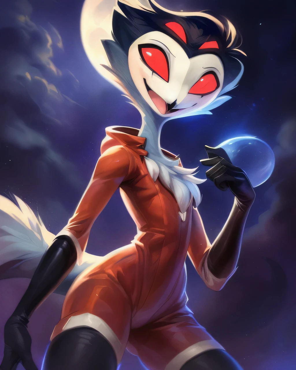 (furry art, upload on e621), ((stolas)), (anthro, furry), (open mouth), sfw, (red spacesuit, glass air helmet, black gloves, elbow gloves, (moon background), low angle view, short hair, black hair, white face, four eyes, girly, (skinny), smile, happy, red eyes, 1boy, black legs, solo, (tail), extra eyes, (tall), (standing), masterpiece, (best quality:1.2), sharp image, detailed image, colorful, vibrant colors, detailed face, perfect lighting, perfect shadows, perfect eyes, perfect face, (detailed background, depth of field), (4k, 2k, shaded, absurd res),, 8k hd, (by zackary911, by darkgem), by syuro, (by kenket), by Pino Daeni, by Ruan Jia, by Shiitakemeshi, by Alayna Lemmer, by Carlo Galli Bibiena,