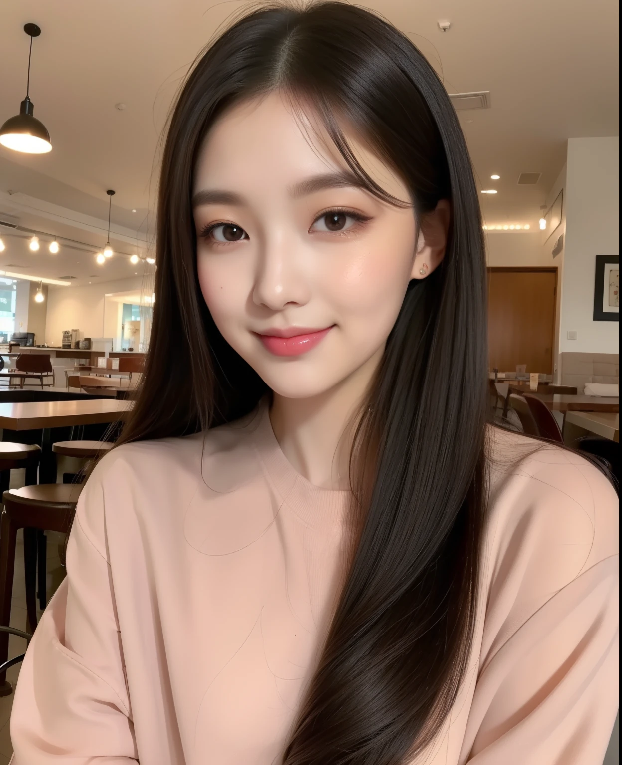 ulzzang-6500-v1.1,((best quality, 8K, masterpiece: 1.3)), beautiful girl, pure, melon face, kind and cute, sweet smile, pure desire, slender body, (front), (tilted head), ((looking at camera) ), wearing a pink suit, black silky medium hair, long flowing shoulders, round black big eyes, clear big eyes, moist red lips, sweet, sitting in a Upscale cafes, Upscale cafes background , (((whole body))),