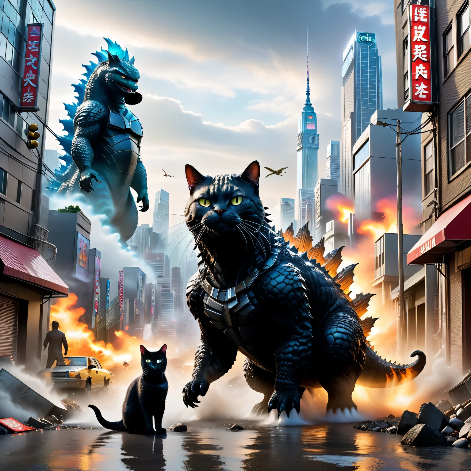 Come up with and depict a huge creature, combine Godzilla and a Cat in it, the creature should have more similarities with Godzilla, but it should also have the features of a cat, the resulting creature will be a Catzilla, a huge Catzilla towers over the houses of the metropolis, walks through the streets and destroys everything in its path, Catzilla is shown in detail, high resolution, 32k, masterpiece, difficult, cinematic, active scene