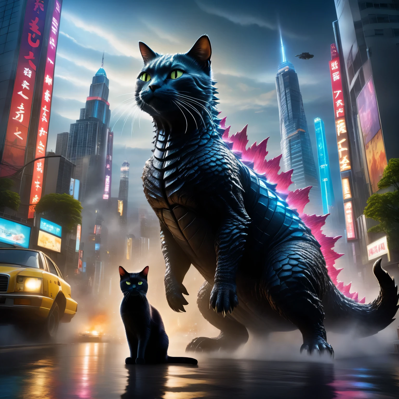 Come up with and depict a huge creature, combine Godzilla and a Cat in it, the creature should have more similarities with Godzilla, but it should also have the features of a cat, the resulting creature will be a Catzilla, a huge Catzilla towers over the houses of the metropolis, walks through the streets and destroys everything in its path, Catzilla is shown in detail, high resolution, 32k, masterpiece, difficult, cinematic, active scene