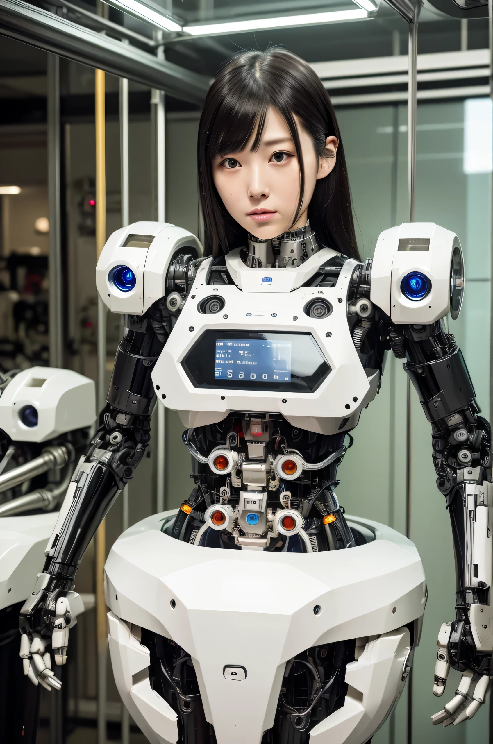masterpiece, best quality, extremely detailed, Japaese Cyborg girl,Plump , control panels,android,Droid,Mechanical Hand, Robot arms and legs, Black Robot Parts,Black hair,Mechanical body,Blunt bangs,White robotics parts,perfect robot girl,long tube,thick cable connected her neck,ceramic body ,mechanical body, mechanical ear cover, mechanical costume,android,robot,humanoid,cyborg,japanese android woman ,mechanical chest,full eyes,future laboratory,connecting a cable between the legs,a bit chubby,