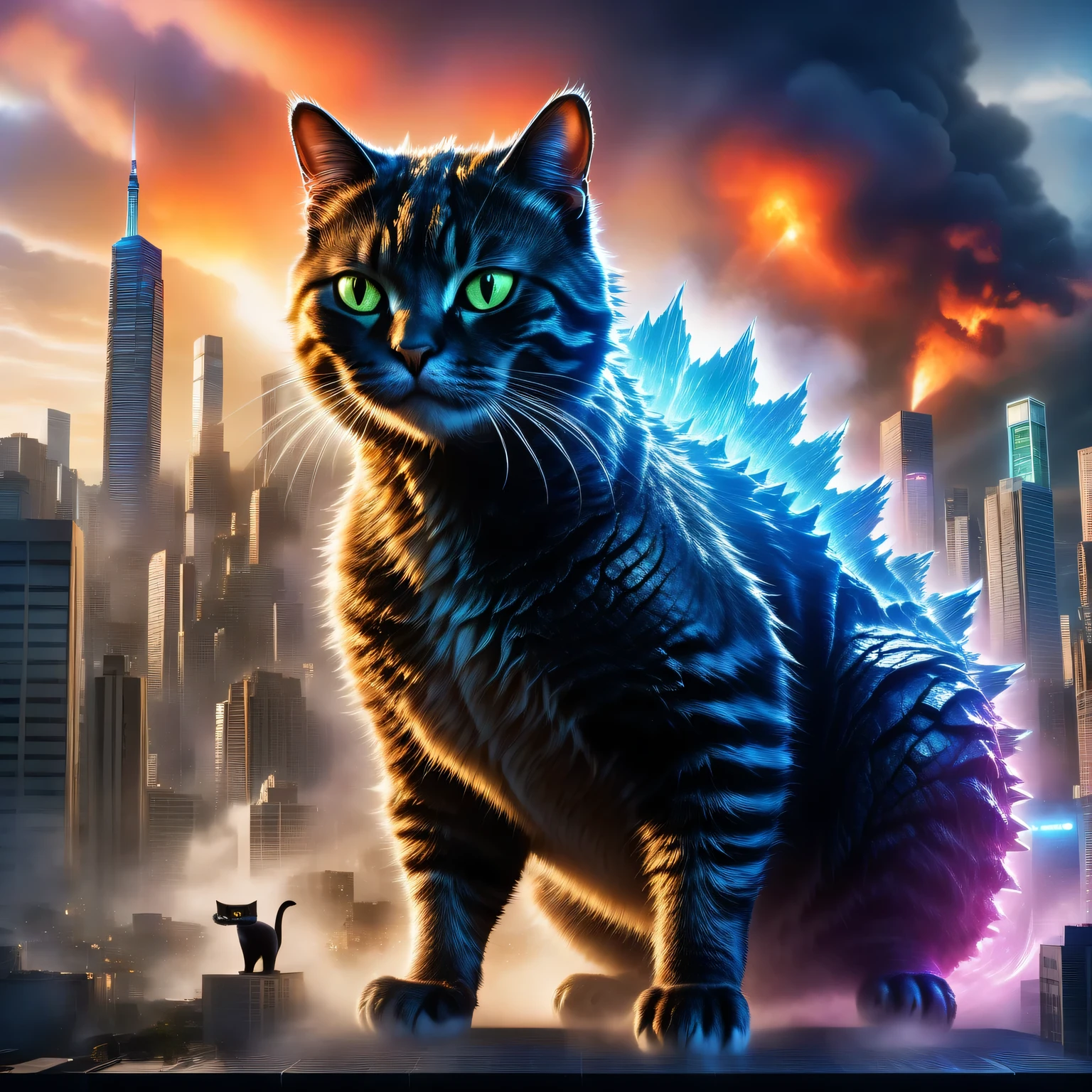 Come up with and depict a huge creature, combine Godzilla and a Cat in it, the creature should have more similarities with Godzilla, but it should also have the features of a cat, the resulting creature will be a Catzilla, a huge Catzilla towers over the houses of the metropolis, walks through the streets and destroys everything in its path, Catzilla is shown in detail, high resolution, 32k, masterpiece, difficult, cinematic, active scene