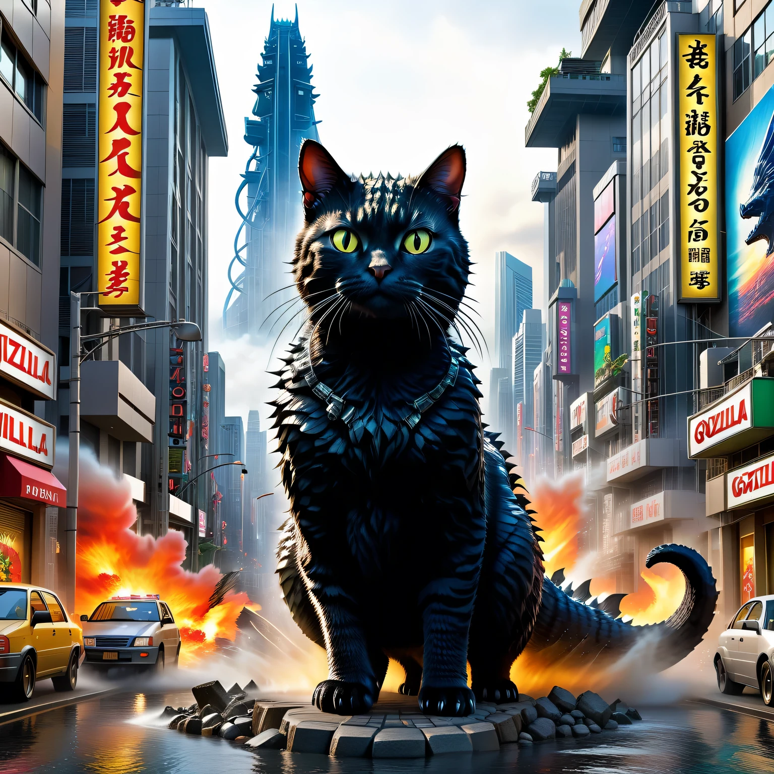 Come up with and depict a huge creature, combine Godzilla and a Cat in it, the creature should have more similarities with Godzilla, but it should also have the features of a cat, the resulting creature will be a Catzilla, a huge Catzilla towers over the houses of the metropolis, walks through the streets and destroys everything in its path, Catzilla is shown in detail, high resolution, 32k, masterpiece, difficult, cinematic, active scene