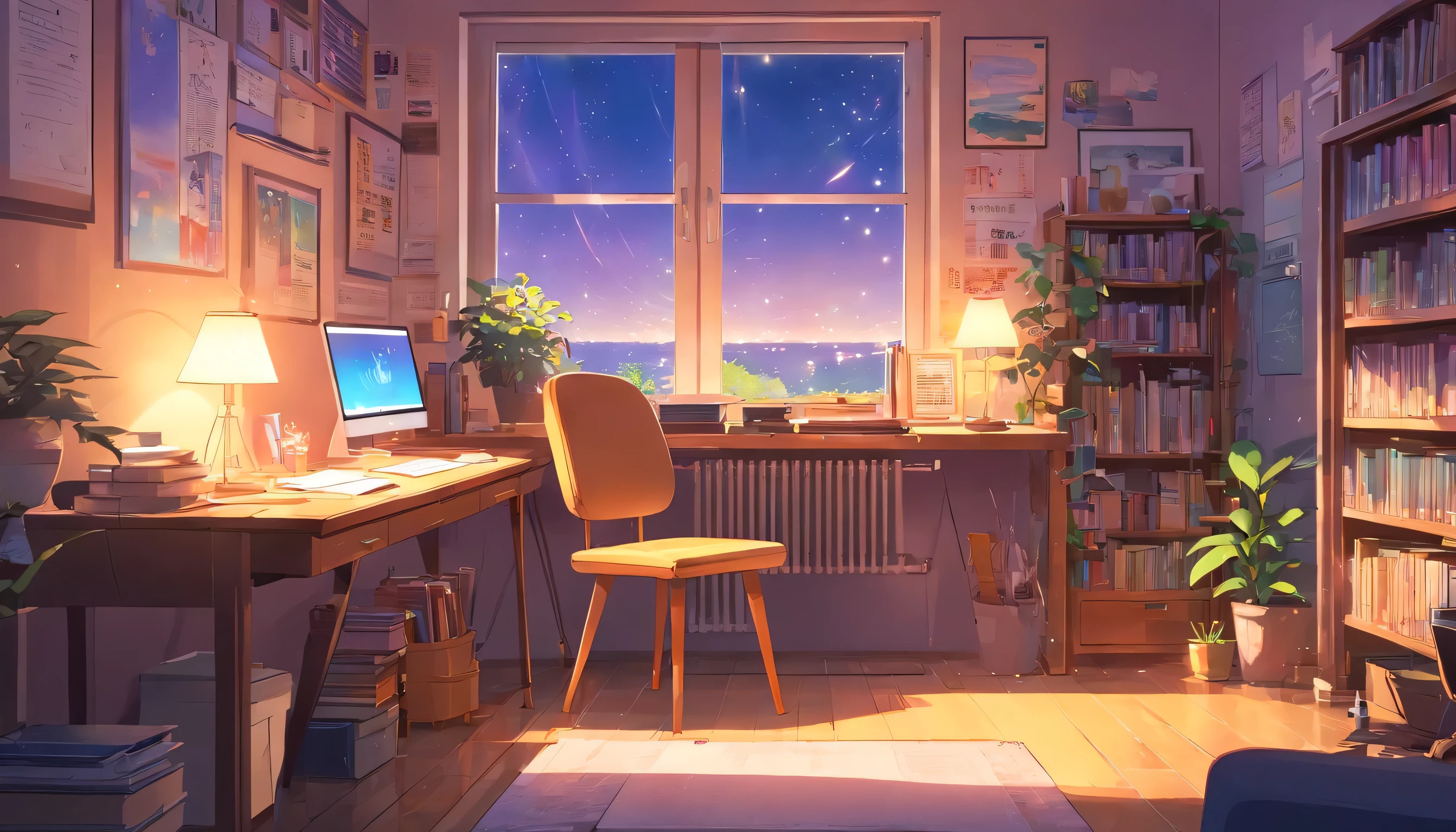 computer, It's raining outside,It's night outside,Lo-fi atmosphere, Quiet and relaxing environment, Cozy rooms with warm lighting, Vintage-style illustration, soft and calm colors, computer monitor and keyboard,coffee mug, keyboard with colorful keycaps, Potted plant on the desk, Fairy light in the background, artistic posters on the wall, Soft sunlight streaming through the window, peaceful and quiet environment, Stimulating and creative atmosphere, Retro aesthetic vibe, Relaxing music playing in the background, Comfortable chair and ergonomic setup, Desk covered with artistic notebooks and stationery, Stylish and unique desktop wallpapers, Bookshelf full of books and records, A creative workspace with a personal touch, neatly organized desk, inspirational quotes on the wall, Soothing lavender scented candles.