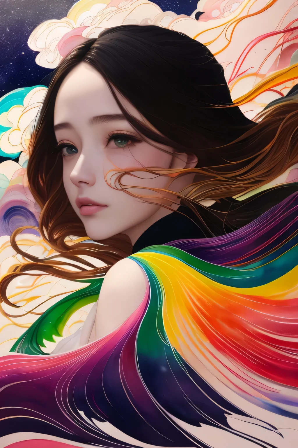  the city that never sleeps、Watercolor Touch、a cute woman , luminous design, pastel colours, ink drips, spot lights,Artistic,black and red、terrible
a woman, 1girl, solo,ultra-detailed, perfect face,pinkandgreen、mountains、near future、cyber-、sea of clouds、Asahi、hope、grow、(1 female:1.2),Fly over the mountains,)desolation,dynamic angle, [(Art book: Art book: Art book. Art book.:0.8)|Art by Lyubov Popova], octane render, unity 8k wallpaper, Super detailed, beautiful and aesthetic, Extremely detailed, dynamic angle, the most beautiful form of chaos, It&#39;s elegant, Designed by brutalists, Bright colors, romanticism, james jean, robbie dowi antono, Los Tran, francis bacon, Michal Mraz, Adrian Genie, Petra Cortright, Gerhard Richter, Takato Yamamoto, ashley wood, Atmospheric, ecstasy of notes, Displaying streaming notes, beautiful background,spring colors, artistic painting,vanity angel,a beautiful young woman., The mystery of the night，wave. 3d. rainbow colors. The melting beauty of the universe. Surrealism in Nebula Reflections. glass texture，Translucent，crystal，martial arts
