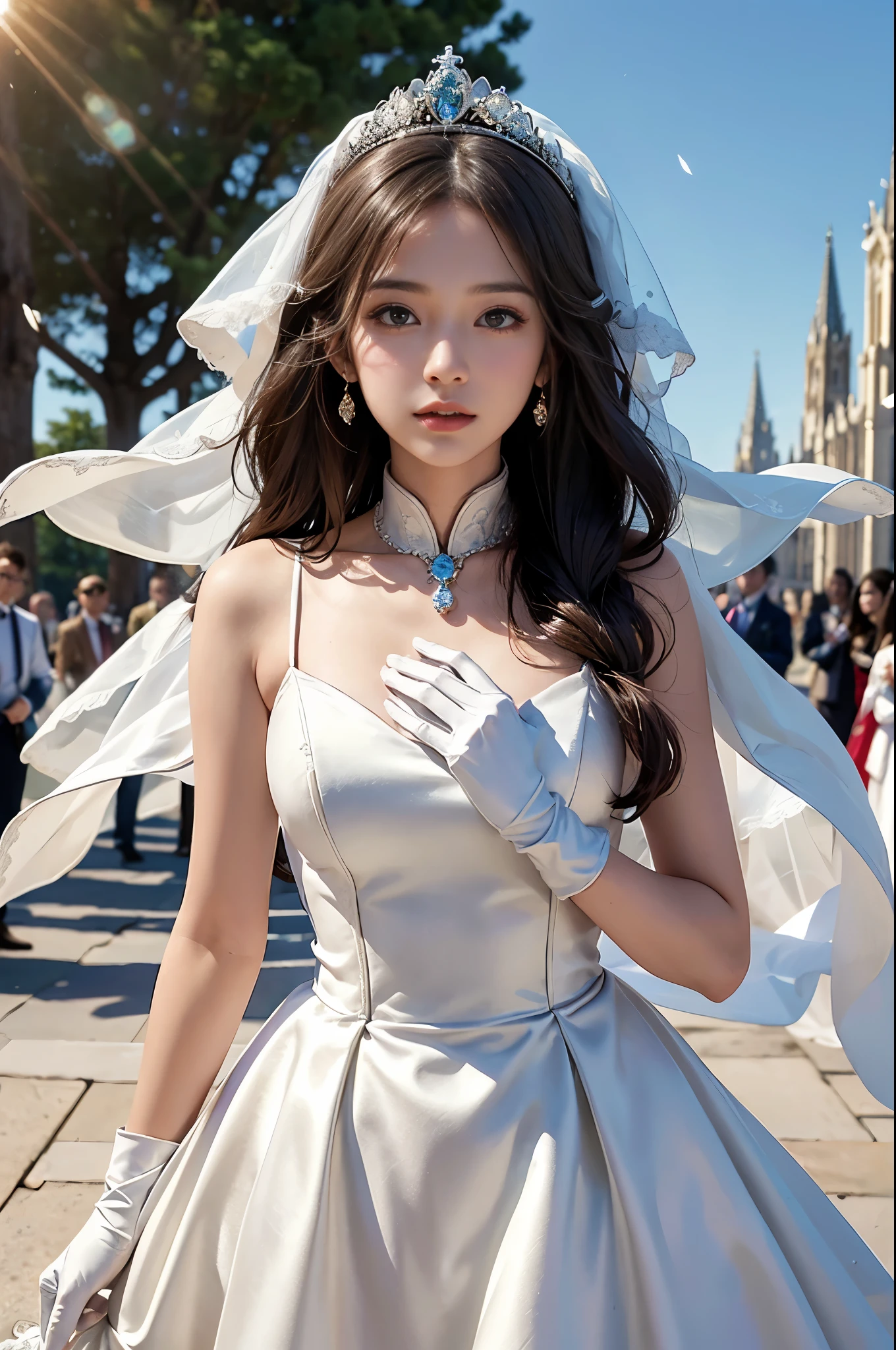 best quality, masterpiece, 1 girl, (yak), cute teen, shiny lips, sweet, sun glare, Conservative attire, bell-line wedding dress, white gloves, bridal tiara, depth of field, blurred background, Cathedral Background, light particles, strong wind, head tilt, long hair,